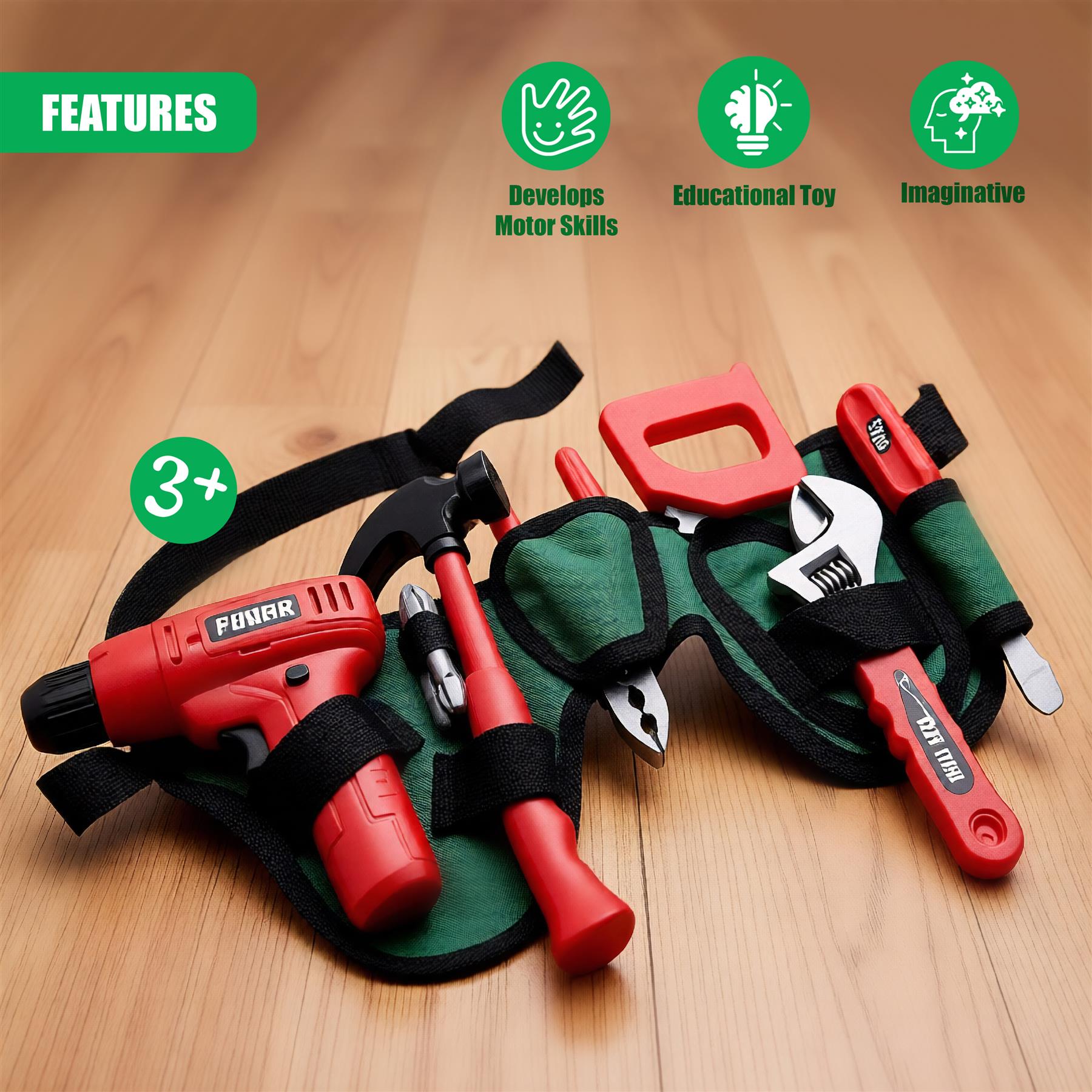 A set of red and black tools, including a hammer, screwdriver, and pliers, all stored in a green pouch with black straps. The tools are laid out on a wooden surface. - The Magic Toy Shop