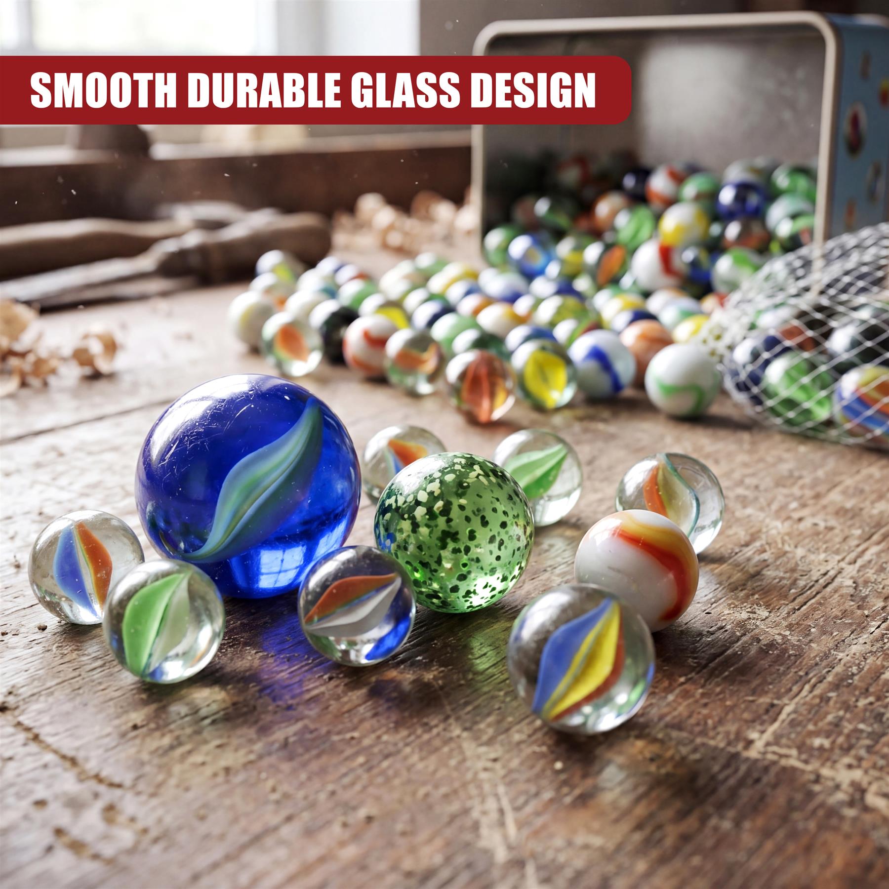 Scattered glass marbles of various colors and patterns rest on a wooden table.