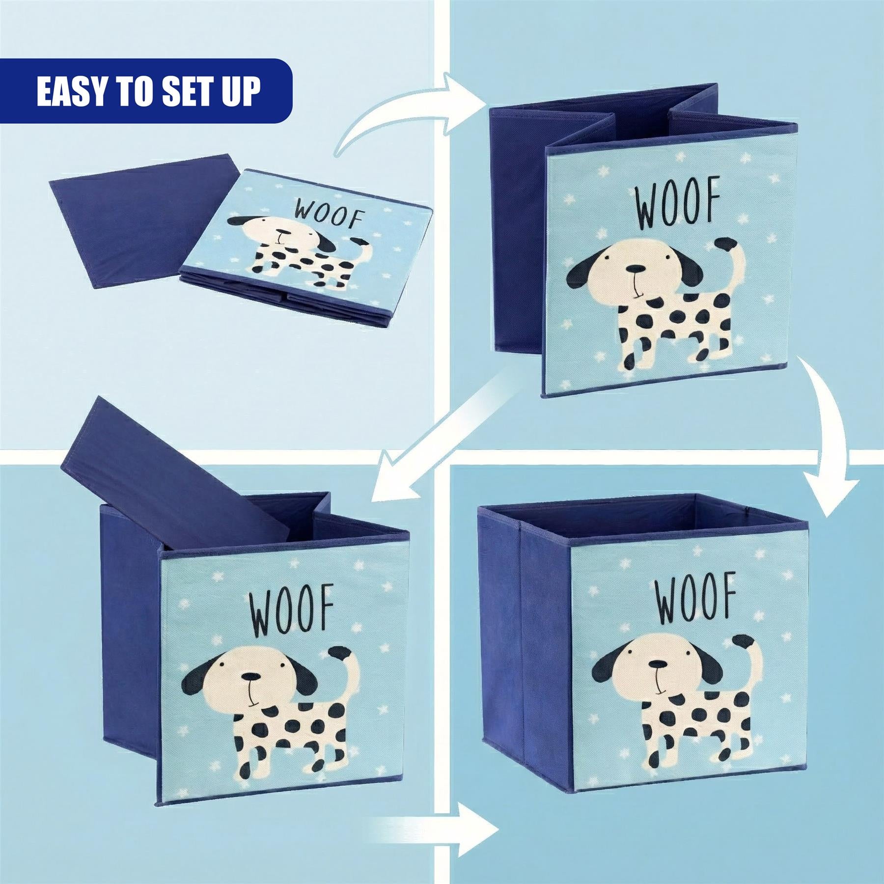 Dog-themed storage boxes with blue wrapping paper. - The Magic Toy Shop