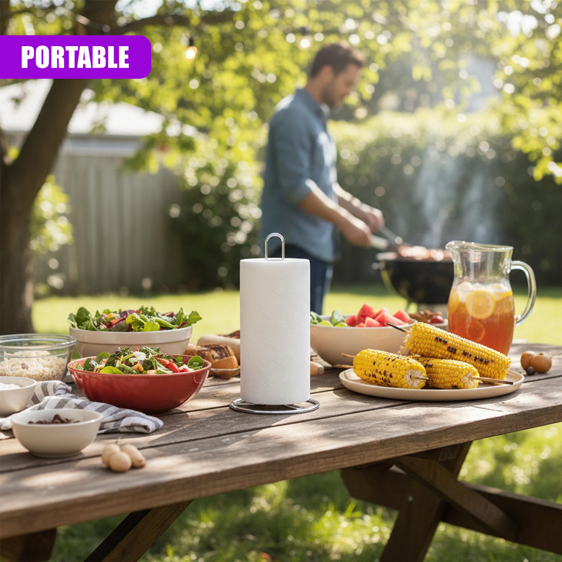 White kitchen roll dispenser visible on a wooden table surrounded by prepared food and dinner setting.
