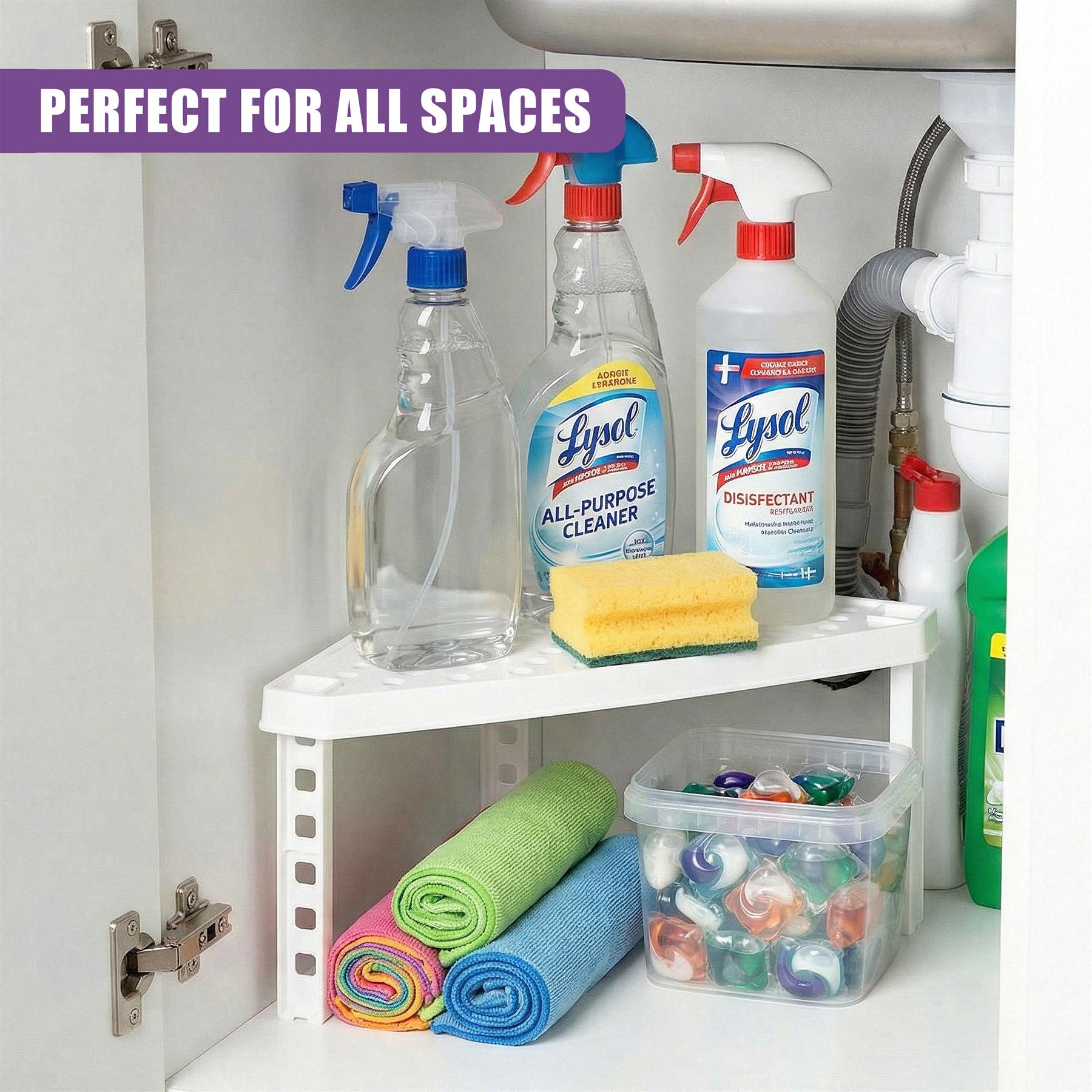 The corner shelf holds cleaning liquids, sponges, stacked towels, and a clear storage container.