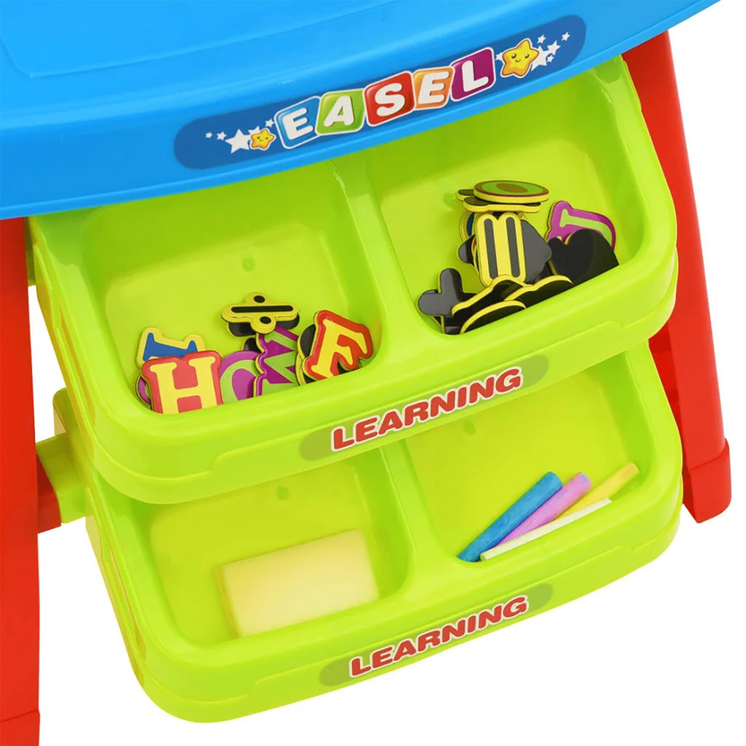 A children's learning station featuring a wooden desktop and an attached magnetic chalkboard easel.