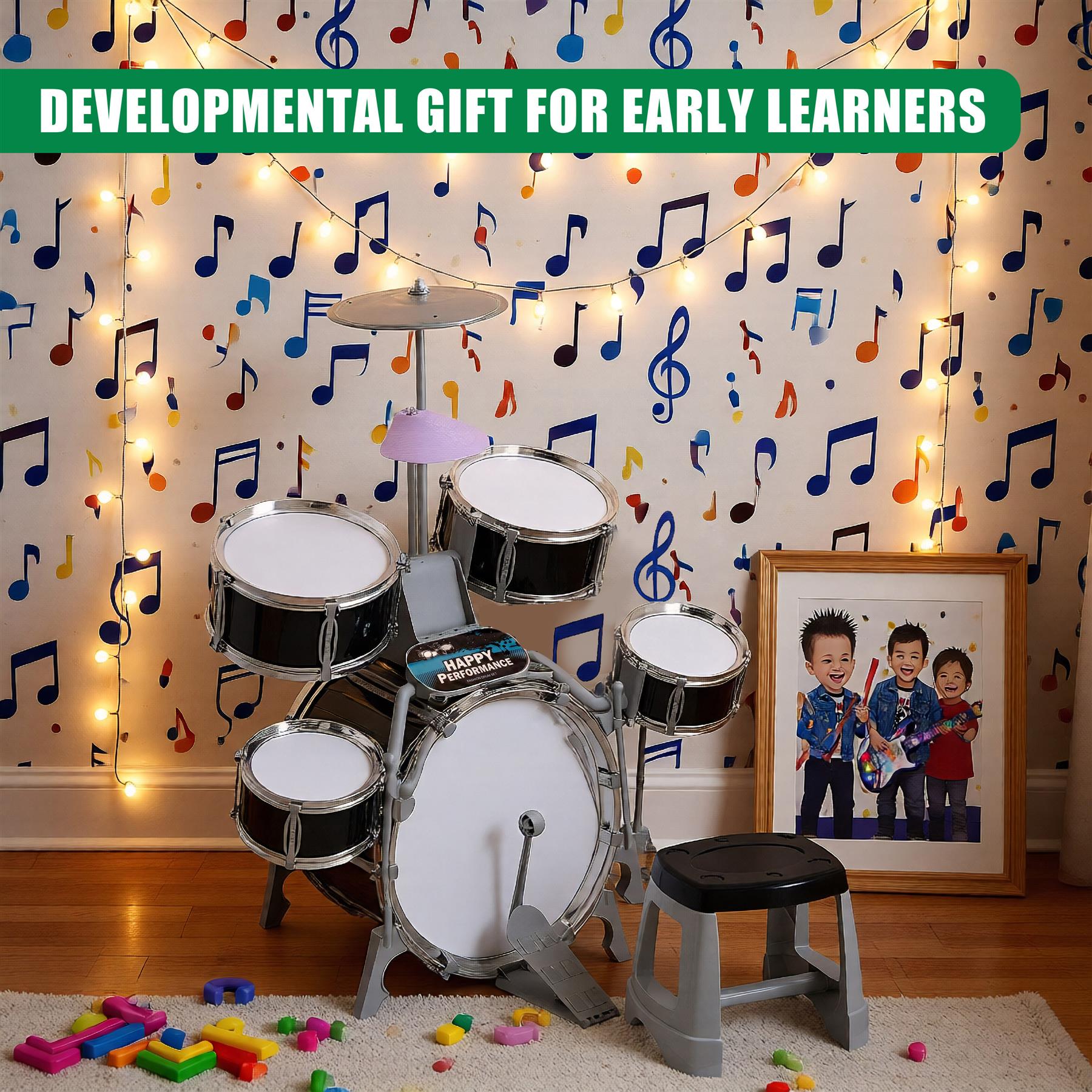 "Developmental gift for early learners - Black kids jazz drum set with bass, snare and cymbals." - The Magic Toy Shop