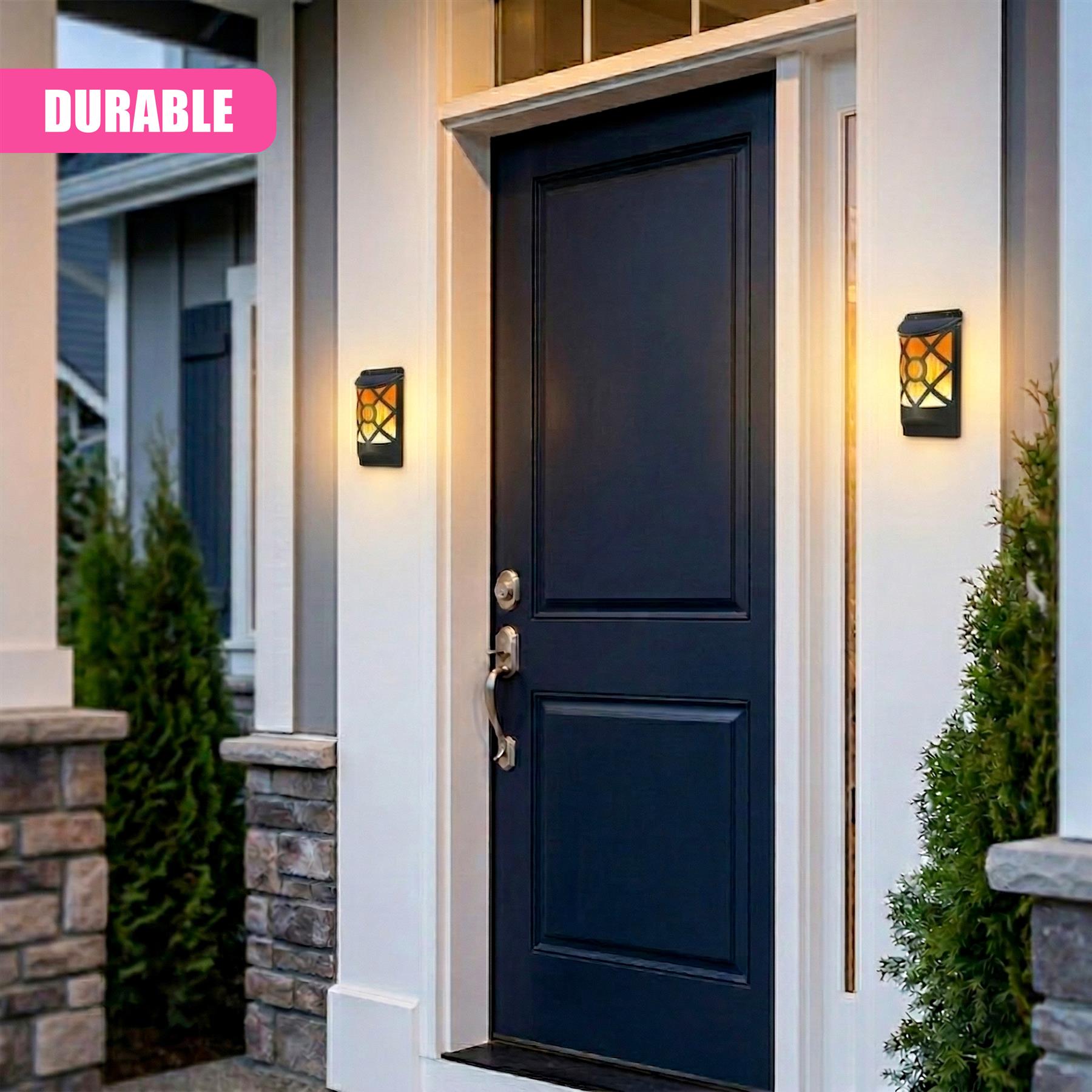 Pair of rectangular LED wall lights mounted on either side of the dark blue paneled door.