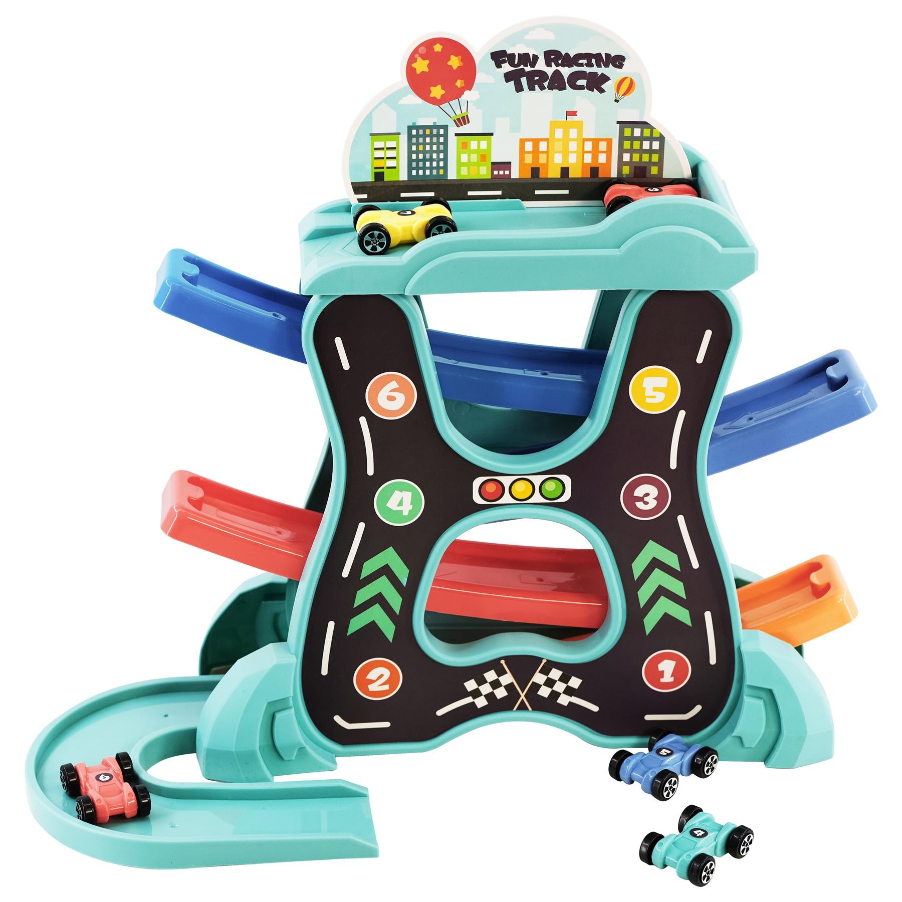 Click Clack Spiral Tower Playset with 6 Mini Cars by The Magic Toy