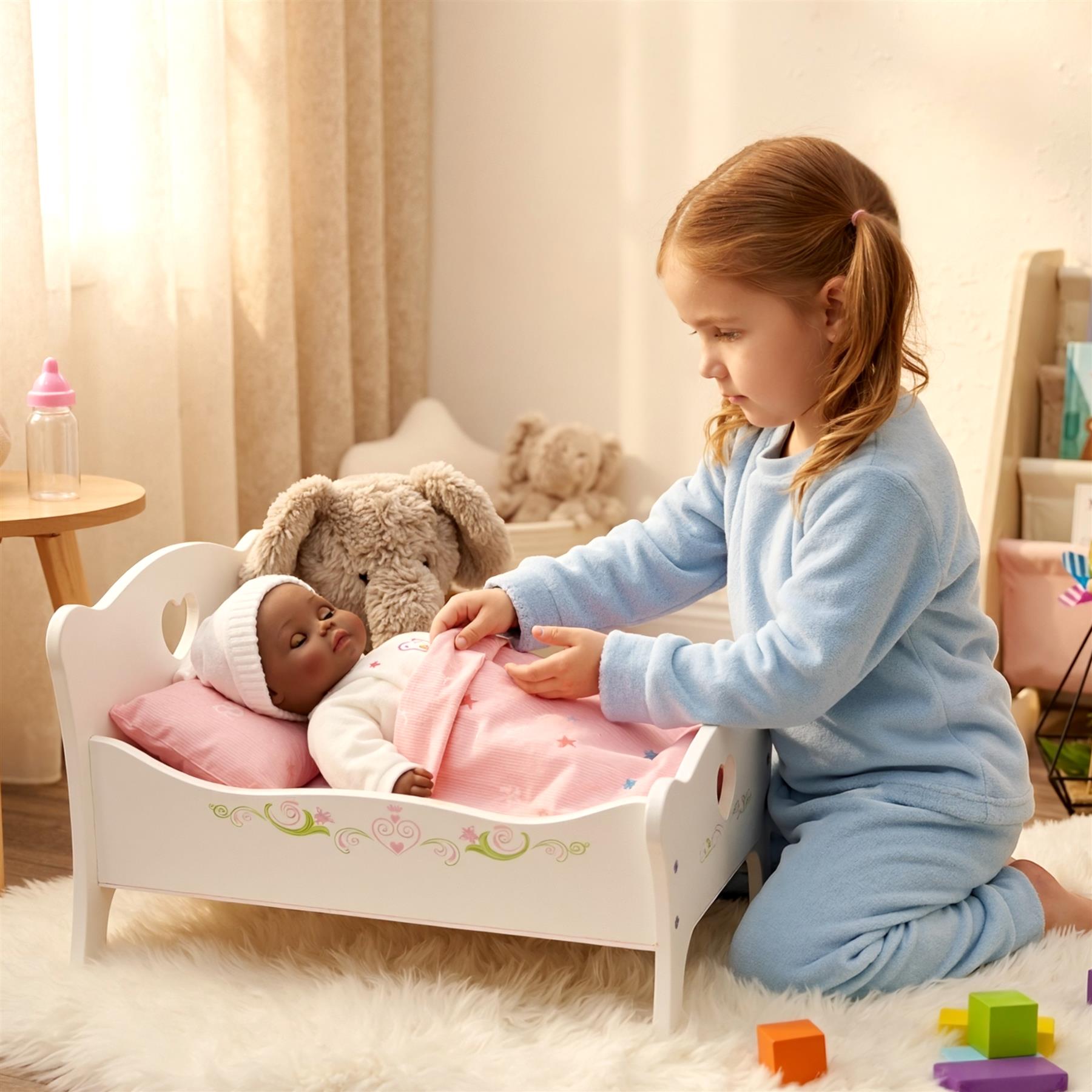 Black plush sleeping doll displayed lengthwise against a clean white background surface.