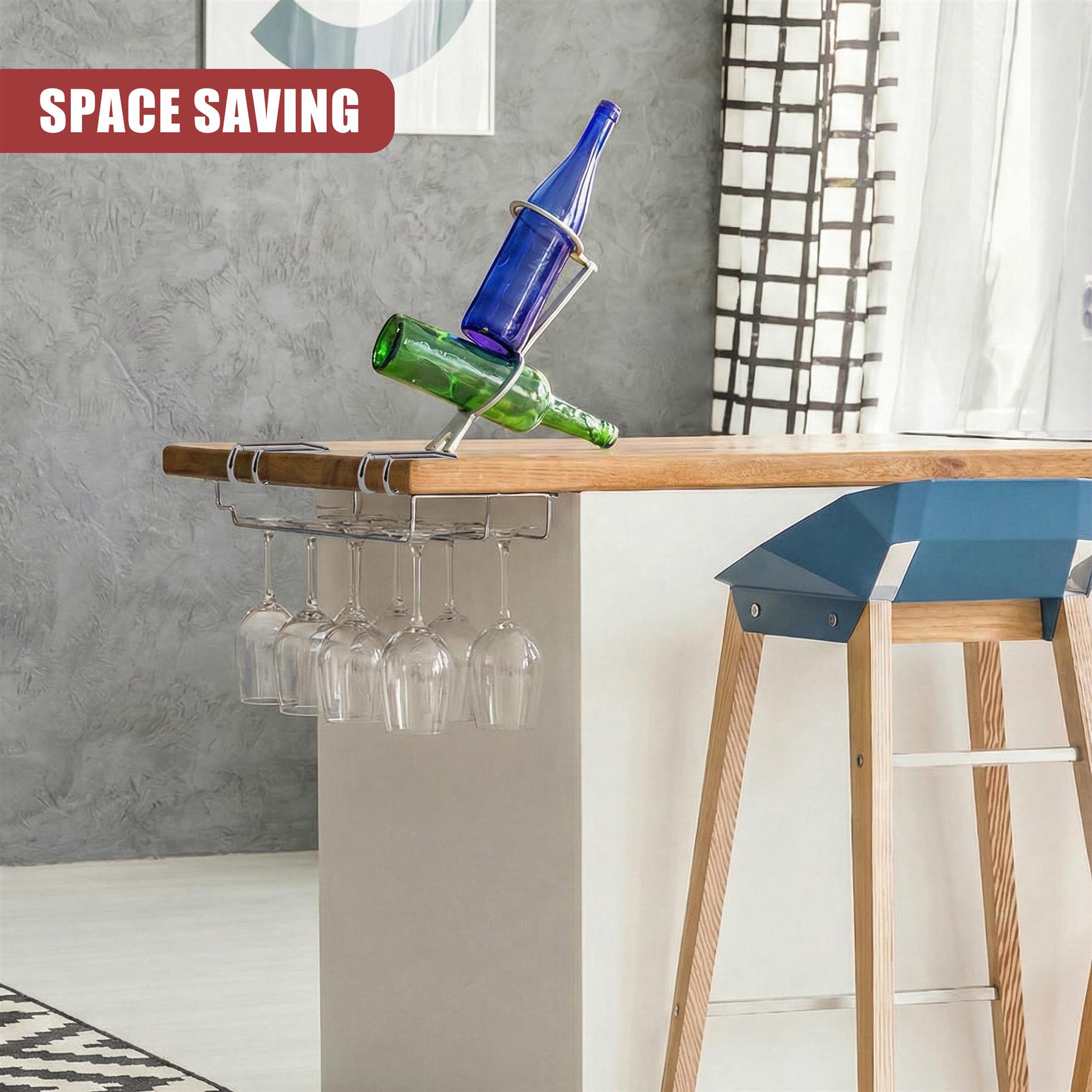 A wine rack and a bottle holder are mounted on the edge of a wooden bar, holding wine glasses and two bottles. The wine rack has a metal frame and wooden slats, while the bottle holder has a metal frame and a wooden base. The bar is made of wood and has a metal frame. The scene is set in a modern, minimalist room with a grey wall and a white floor. - The Magic Toy Shop