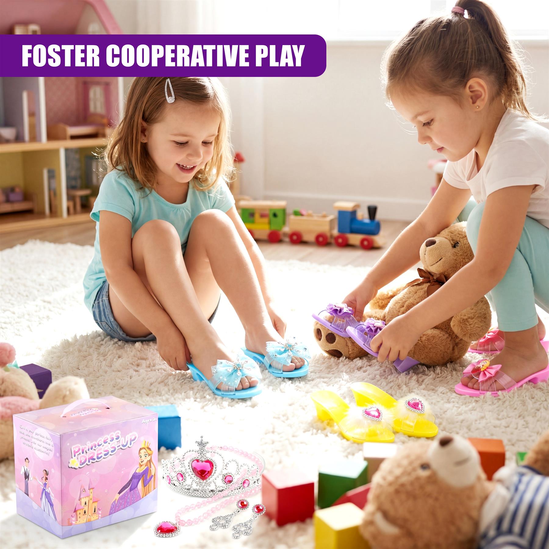 Children sit on the floor with glitter shoes and accessories near a packaged toy set.