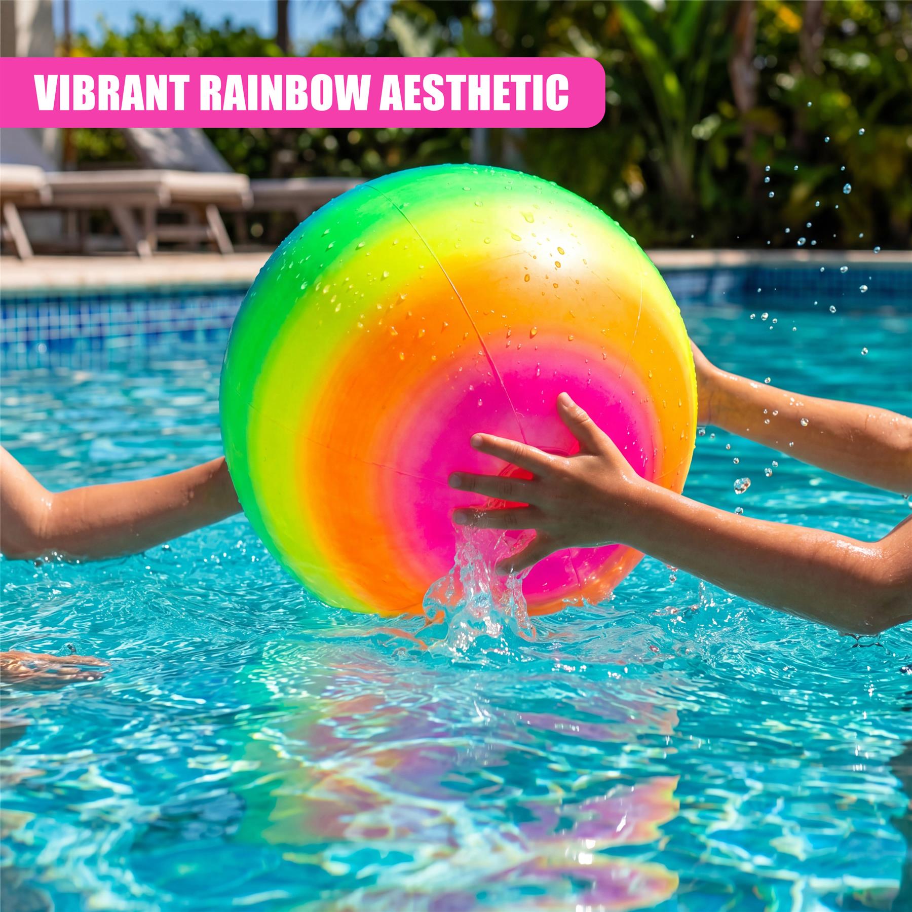 Hands hold a bright, rainbow-colored ball partially submerged in clear blue pool water.