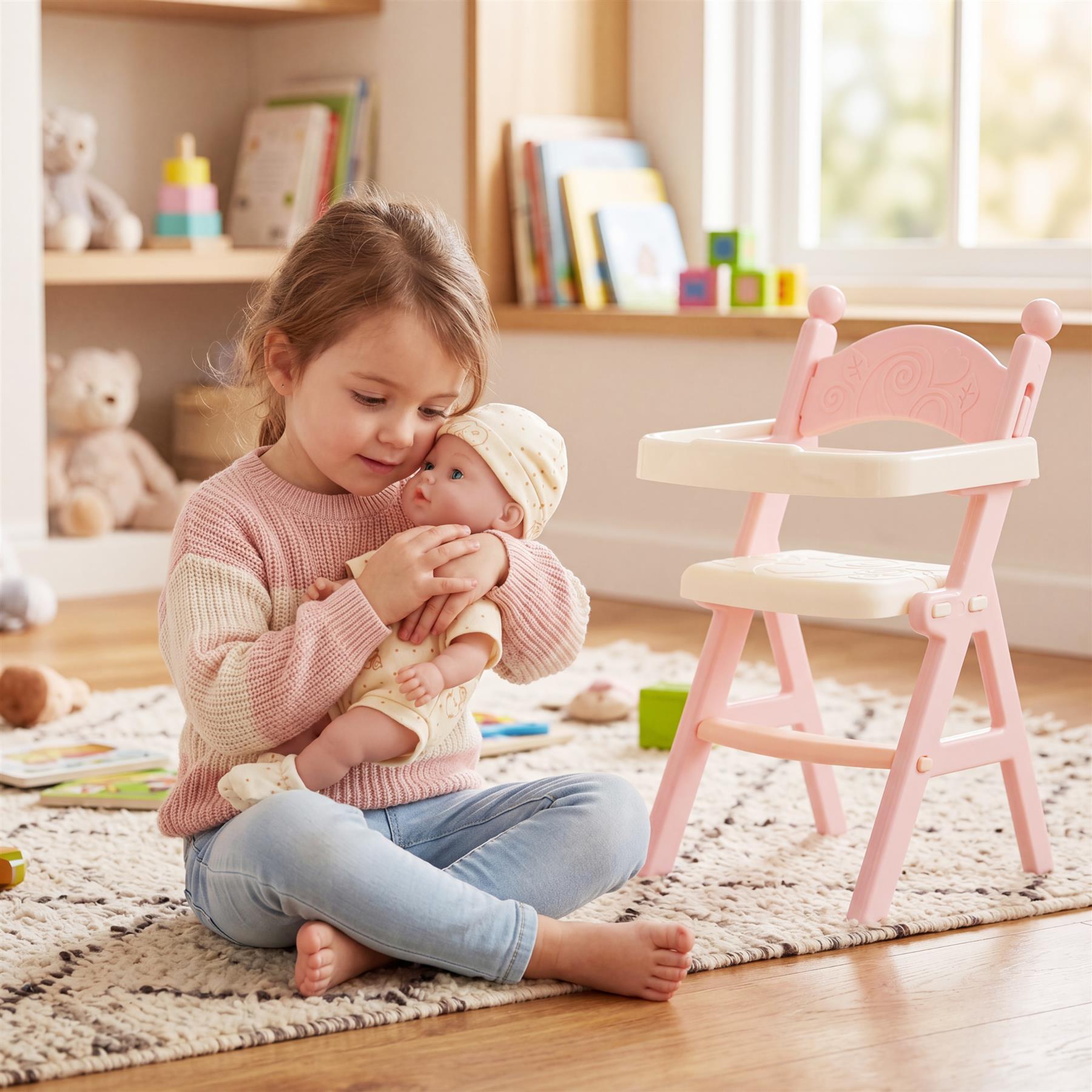 Girl holding a baby doll next to a pink plastic high chair toy while sitting on a rug.