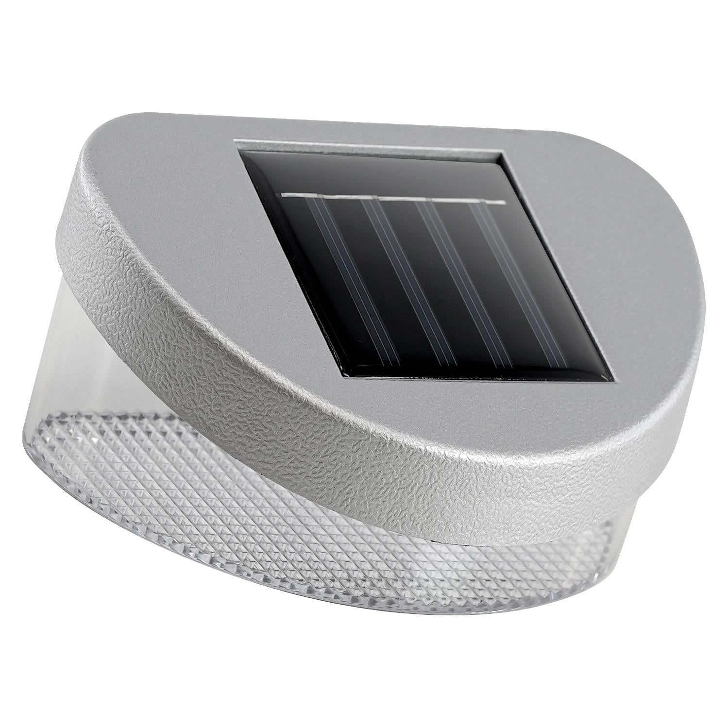 Gray, oval solar lighting fixture with an attached solar panel and mesh diffuser front.