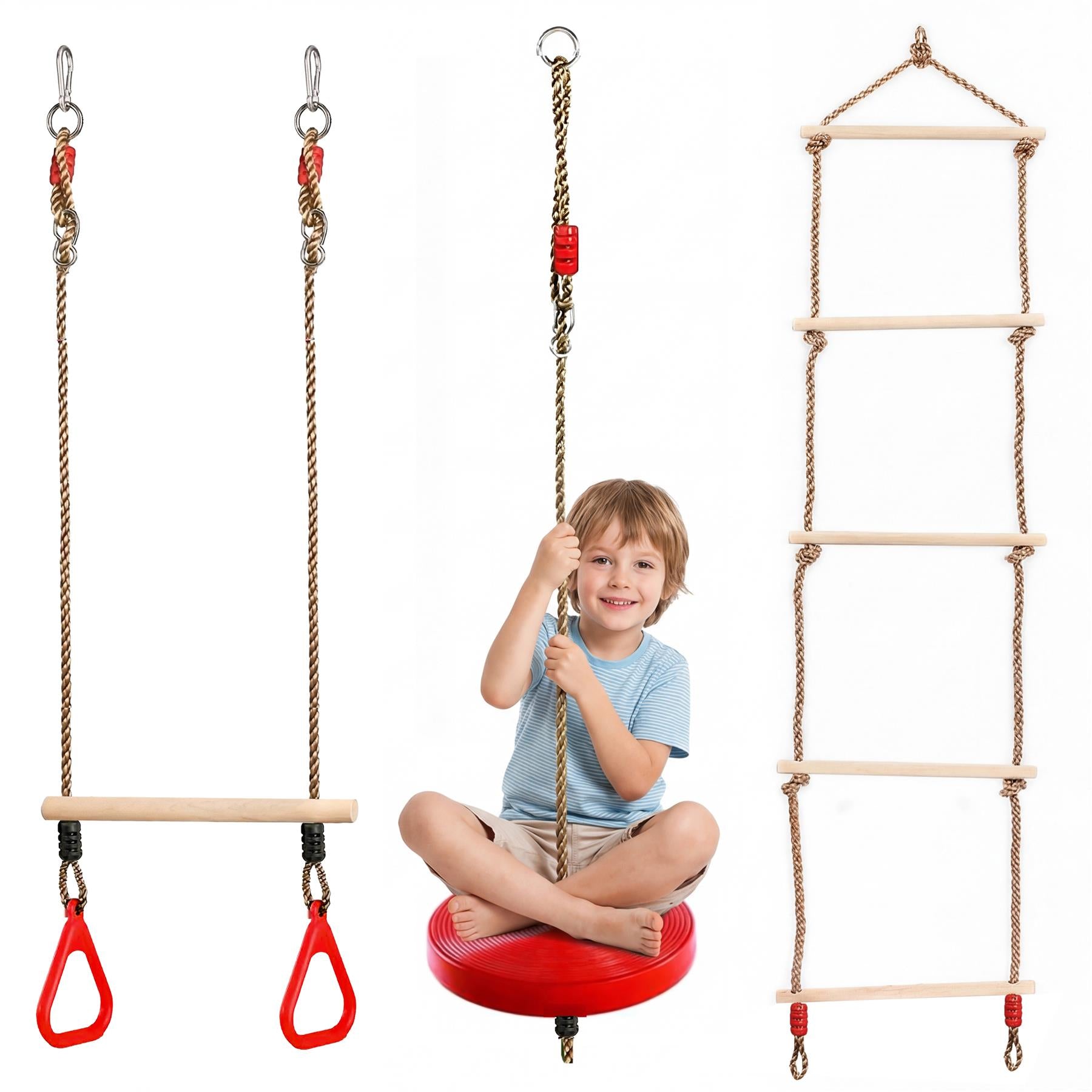 Image shows three hanging outdoor structures: a swing seat, a trapeze bar, and a vertical rope ladder.