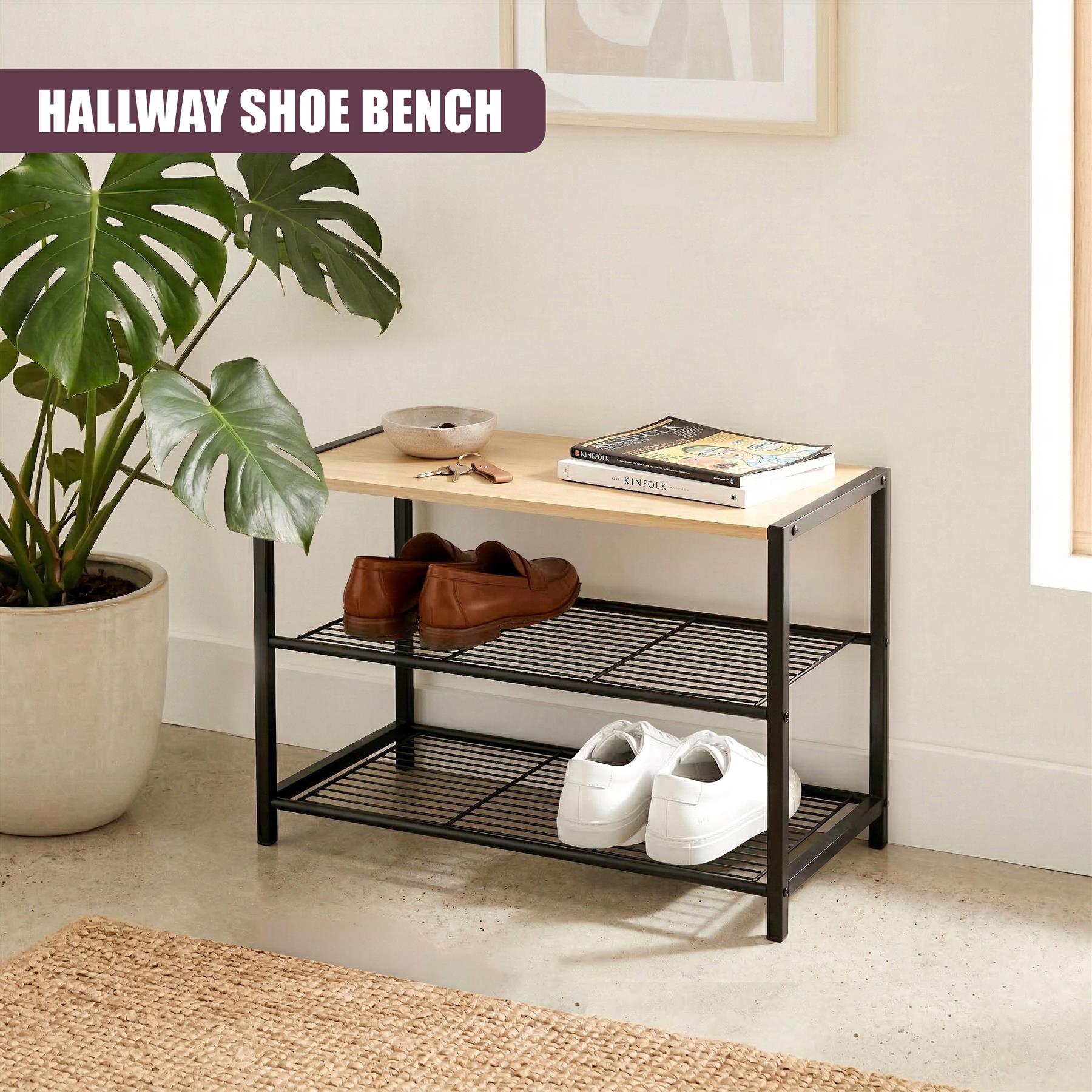 Black metal two-tier shoe bench holding brown loafers, white shoes, and books.