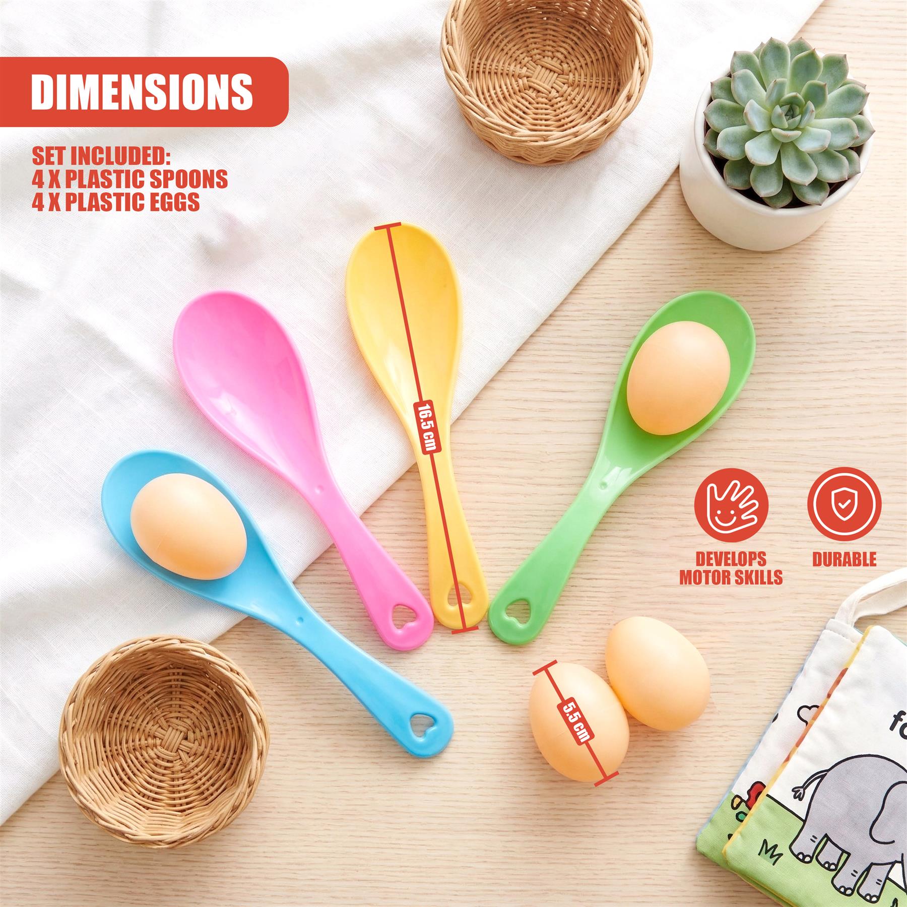 Four colored plastic spoons and eggs are displayed with woven baskets and a small potted succulent.
