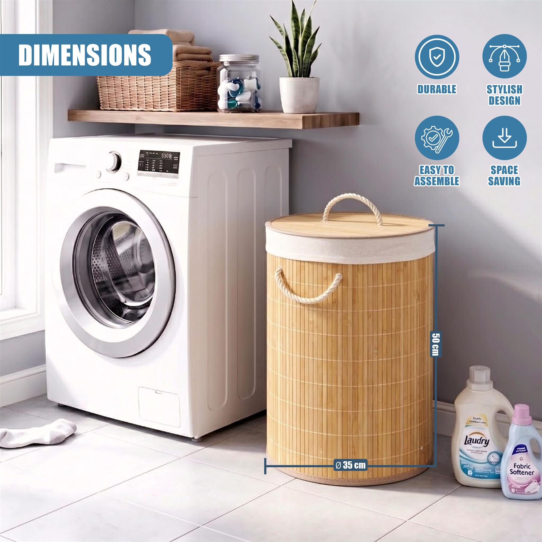 Round Bamboo Laundry Hamper 48L