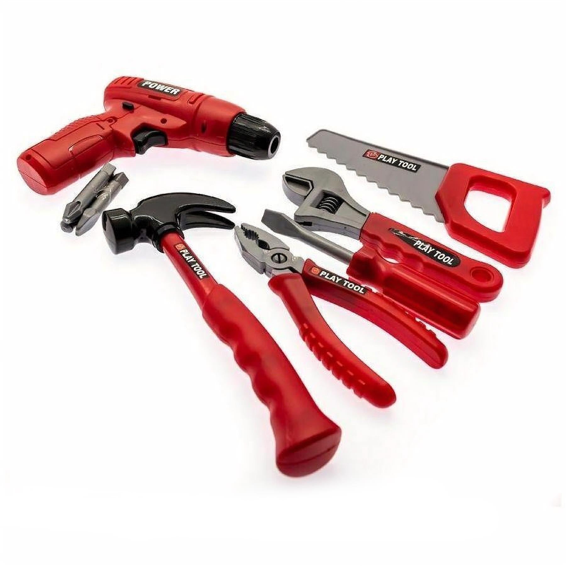 A set of red and black toy tools, including a hammer, pliers, saw, and screwdriver, laid out on a white background. The tools have "PLAY TOOL" labels on them. - The Magic Toy Shop