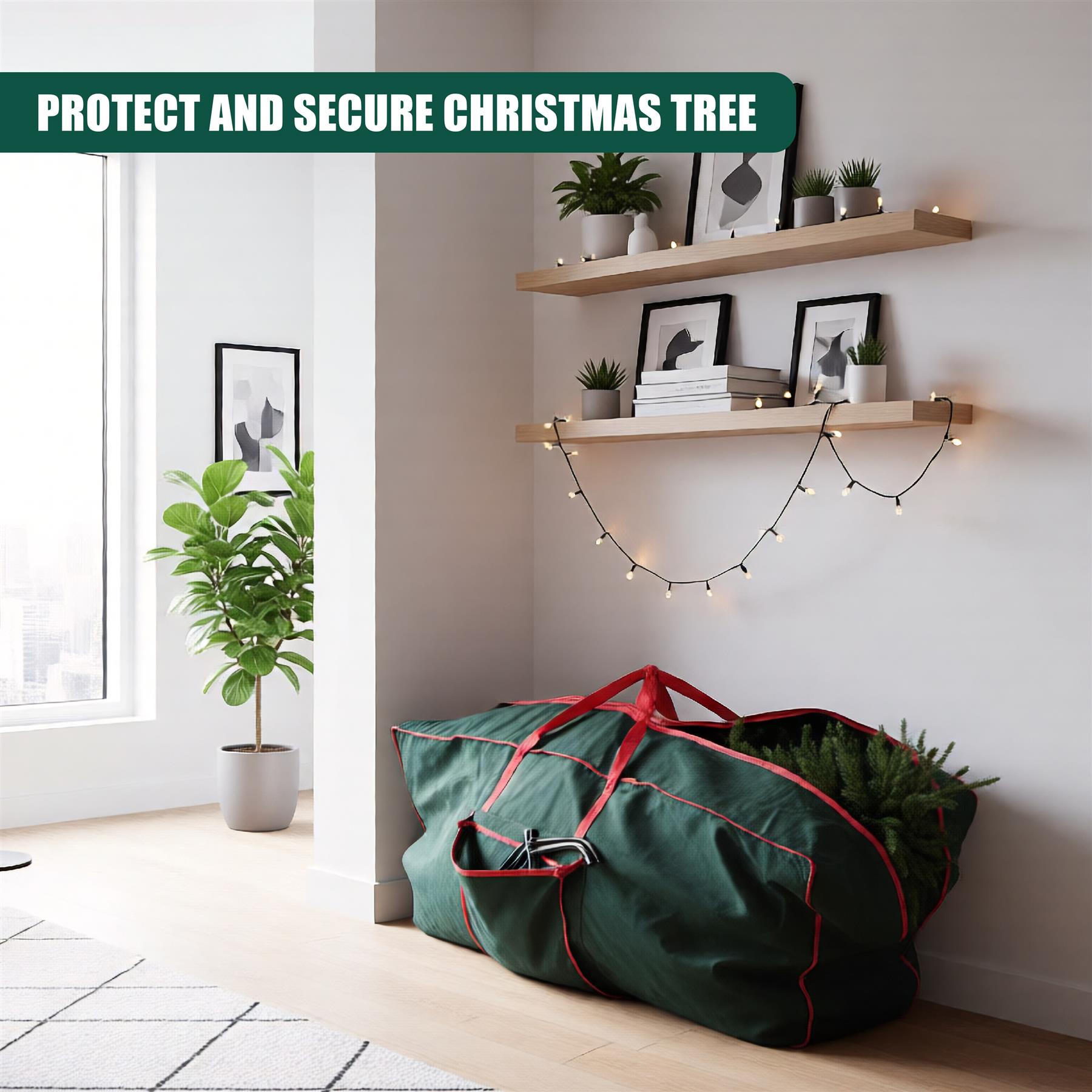 A large, green, canvas storage bag with a red handle and a Christmas tree inside. The bag is sitting on a wooden floor, with a white wall behind it. The bag is open, with the tree's branches and a few decorations visible. - The Magic Toy Shop