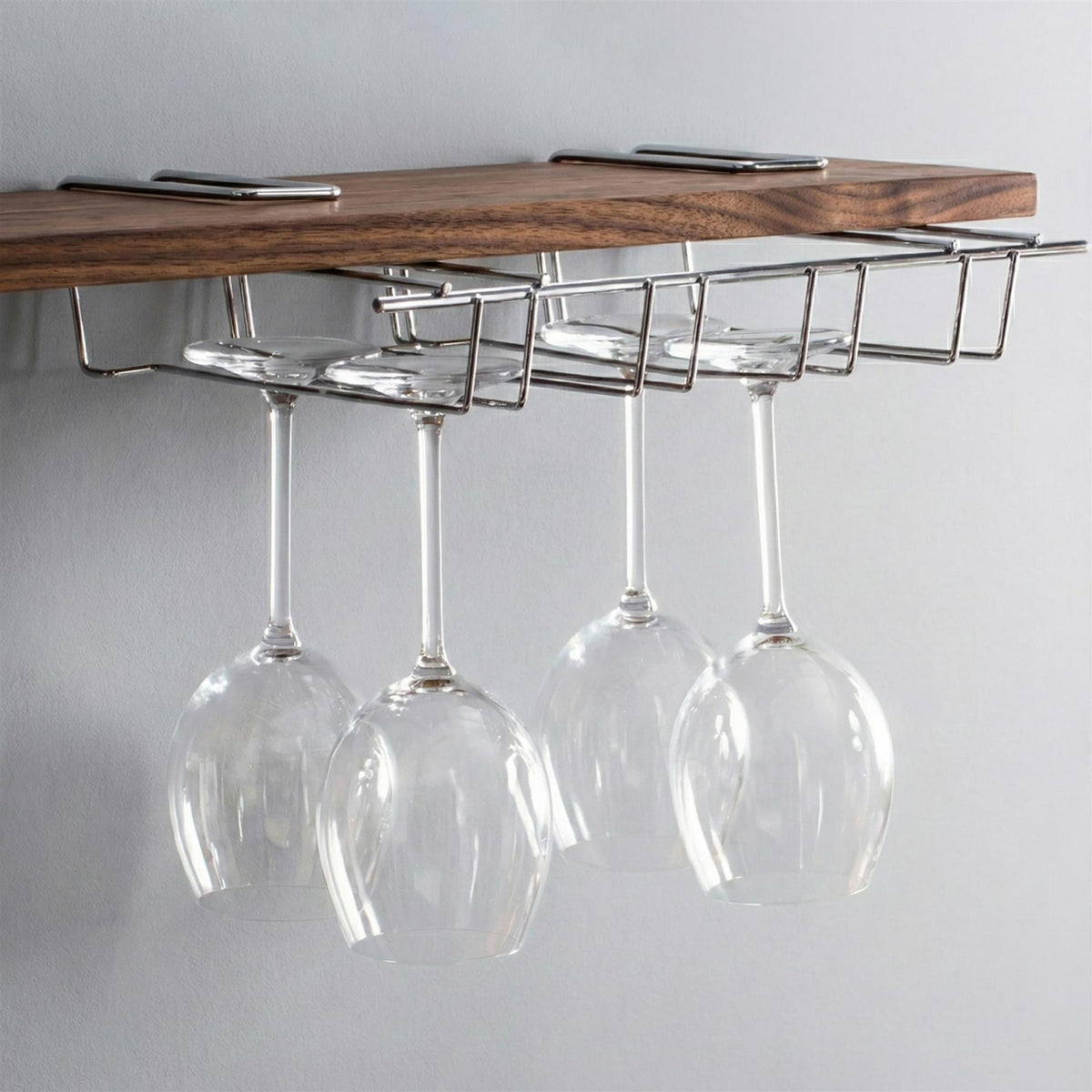 GEEZY Under Shelf Wine Glass Rack holds four wine glasses beneath a wooden shelf
