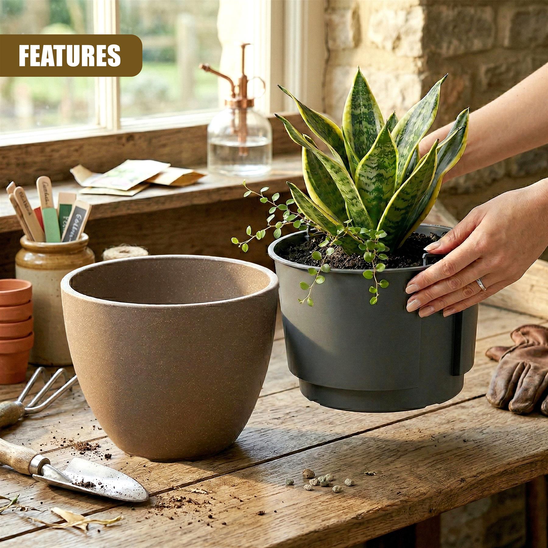 Hands potting a green plant next to a large, beige, shallow flower pot on a wooden table.