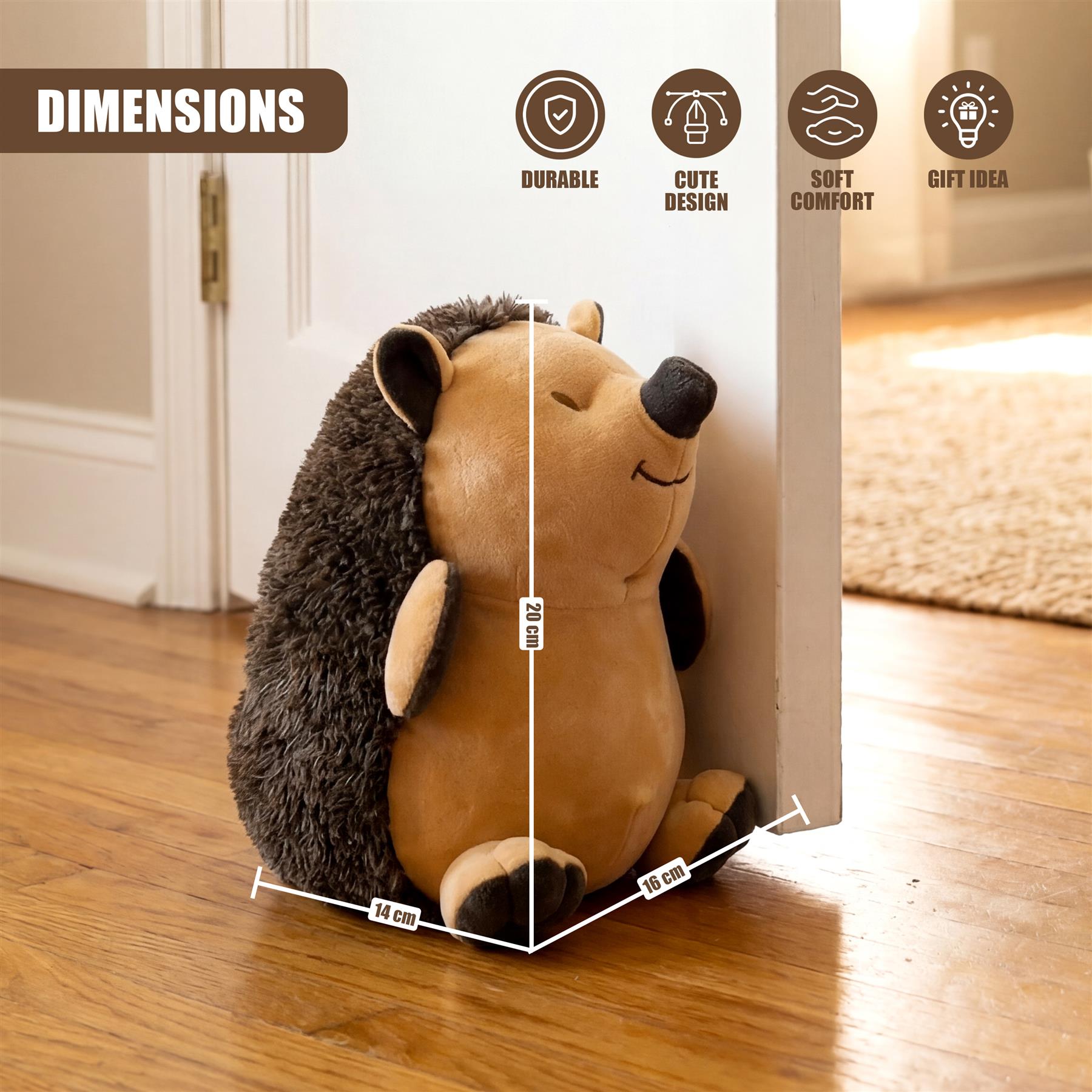 Plush brown hedgehog door stopper resting against a white door with dimensions listed.