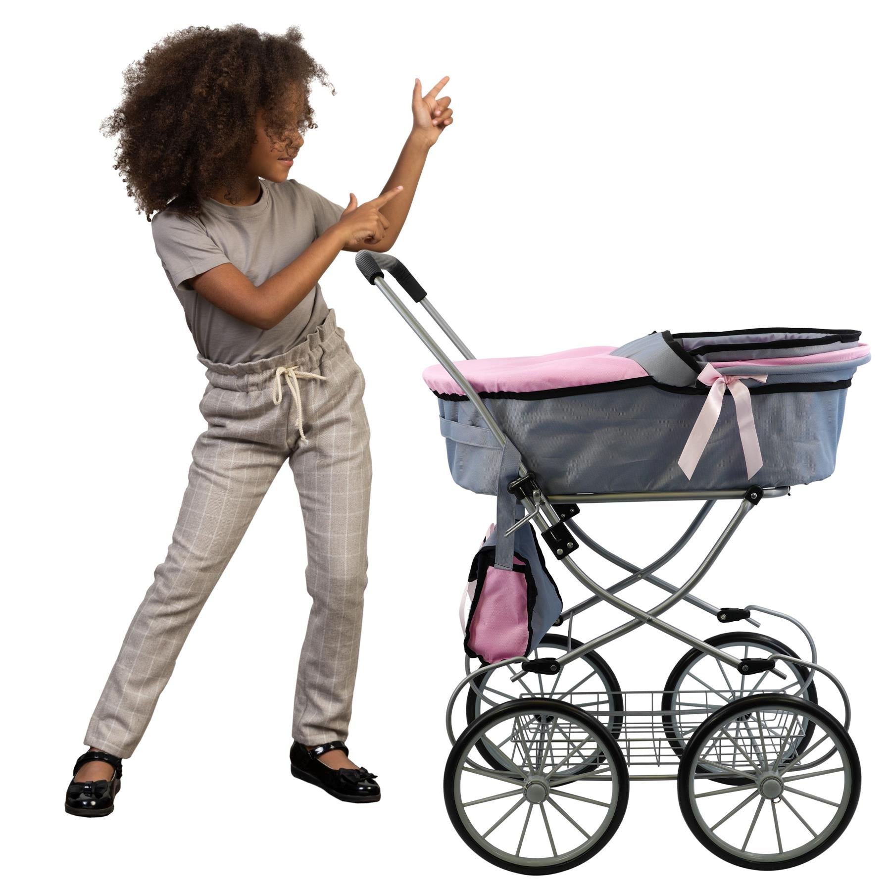 Pink and Grey Vintage Cambridge Doll Pram by BiBi Doll - The Magic Toy Shop