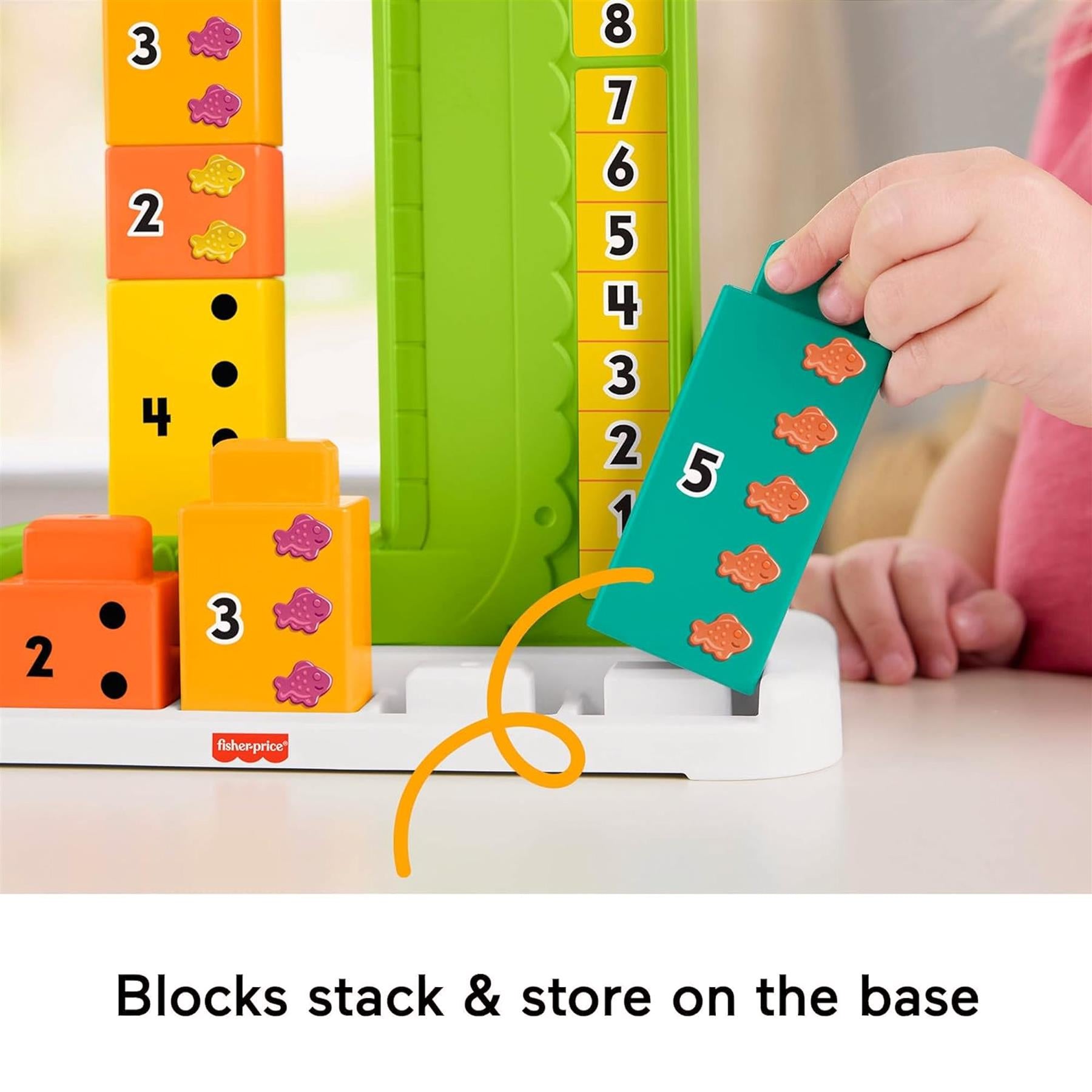 The math toy shows stacked blocks, a number column, and an alligator attached piece.