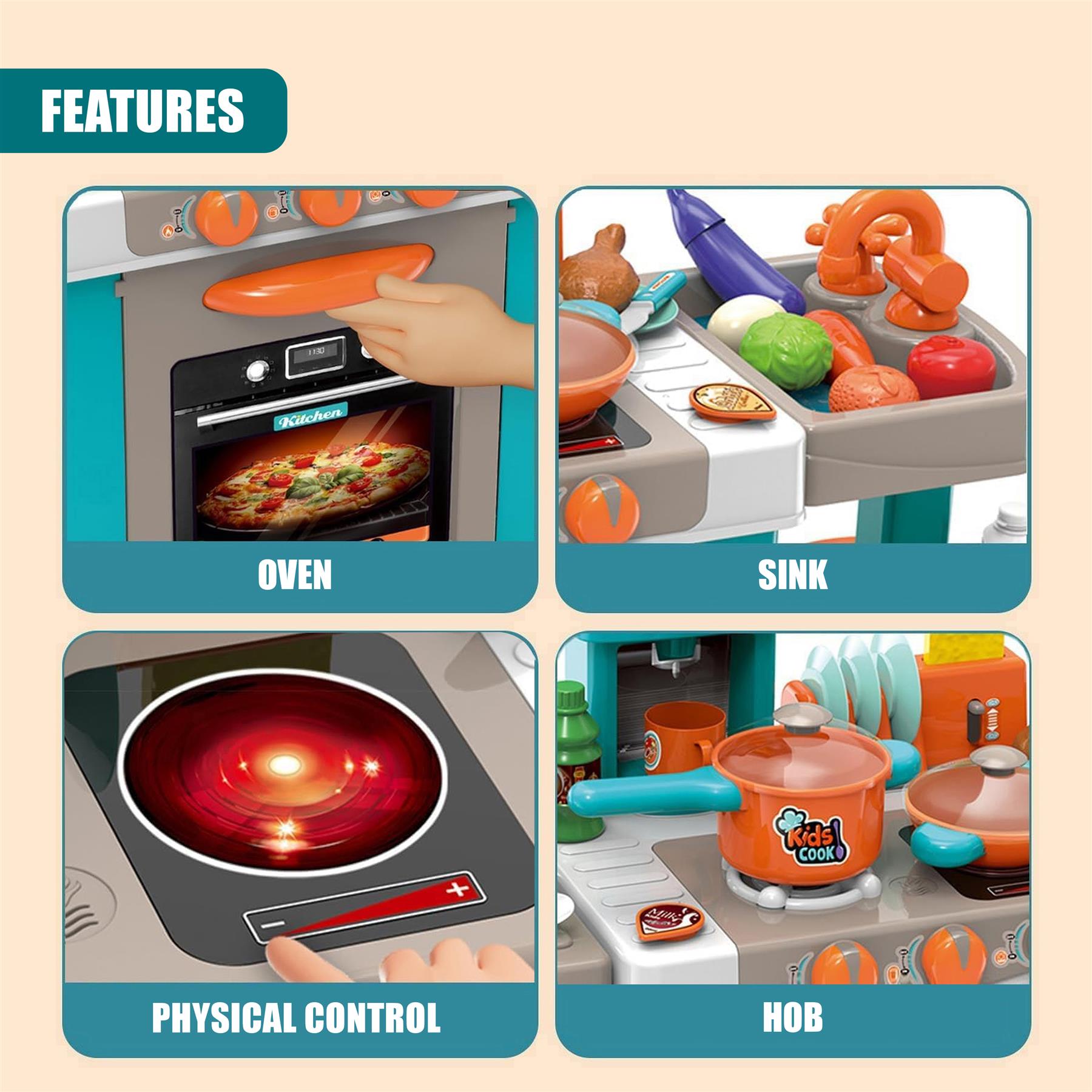 **OVEN:** Play kitchen oven shows simulated pizza and cooking items on the shelf.
**SINK:** Kitchen sink area holding play dishes, soap, and plastic toy produce.
**PHYSICAL CONTROL:** Control panel with simulated glowing element and knobs for play kitchen use.
**HOB:** Stovetop surface featuring multiple play burners and colorful cooking pots.