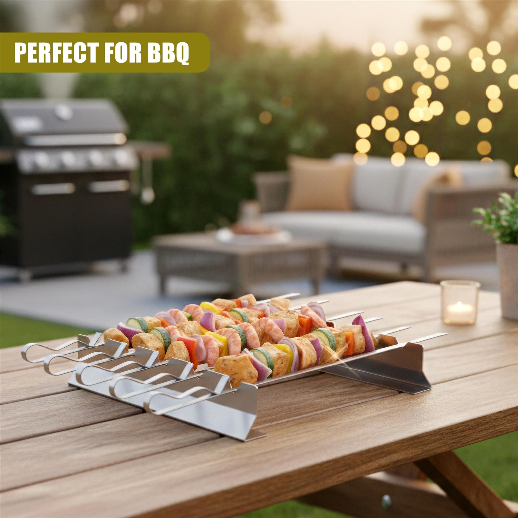 Metal rack holding skewers of sausages, vegetables, and meat displayed on a wooden picnic table.
