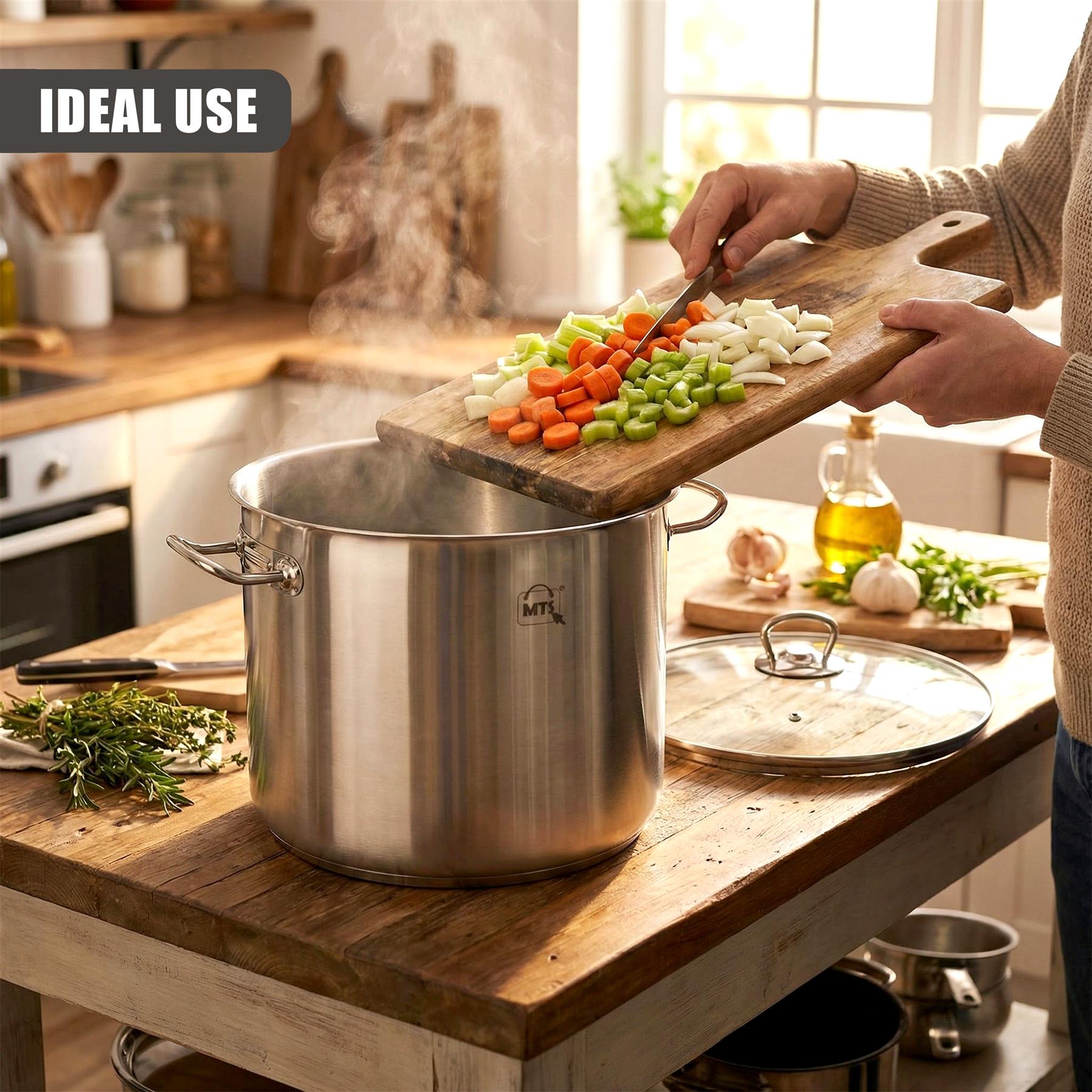 Chopped vegetables rest on a cutting board above a large, stainless steel stockpot on a wooden counter.