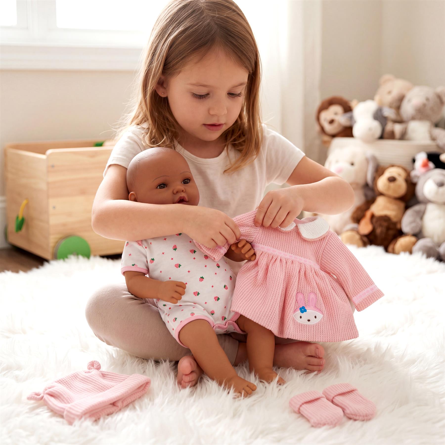 A girl dresses a baby doll in a pink outfit, with matching accessories laid out on the rug.