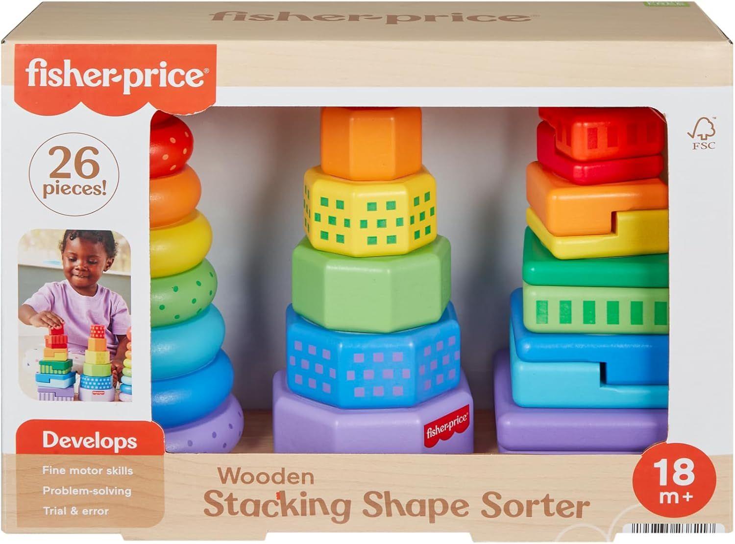 A toy box containing twenty-six colorful stacking blocks and shapes arranged in three towers.