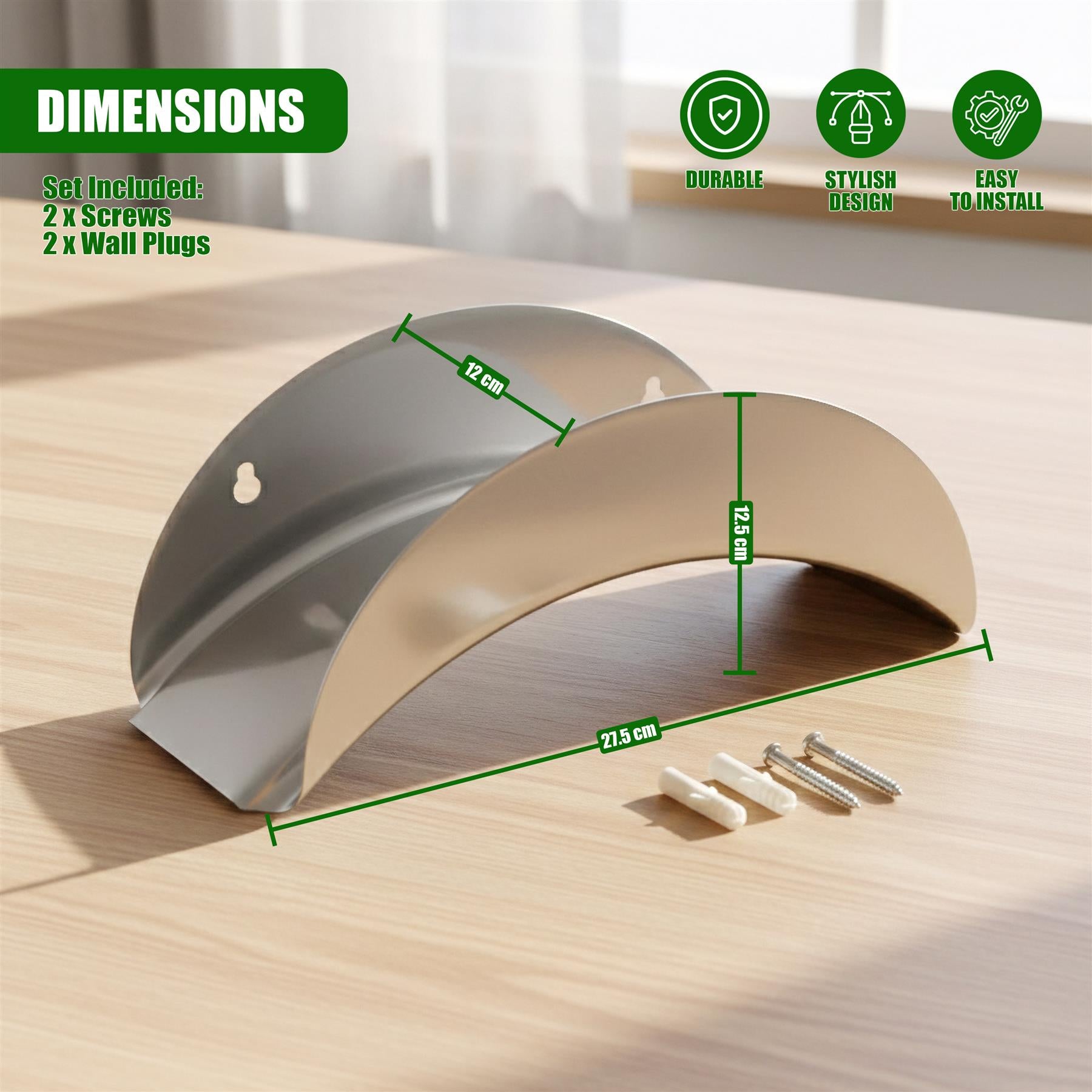 Curved metal hose holder displayed with dimensions: 27.5 cm width, 12.5 cm height. Includes mounting hardware.