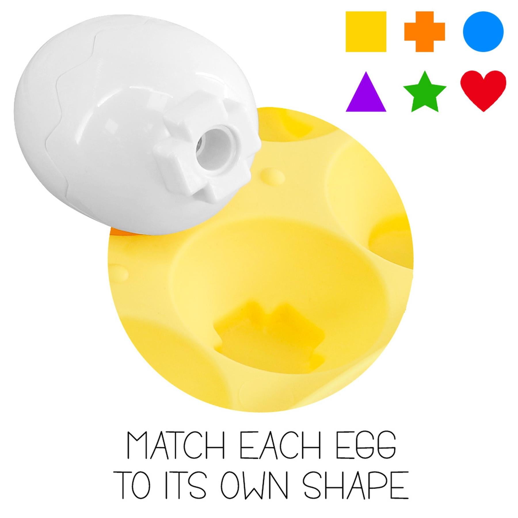 White egg piece and yellow tray with assorted shape cutouts, including squares, stars, and hearts.