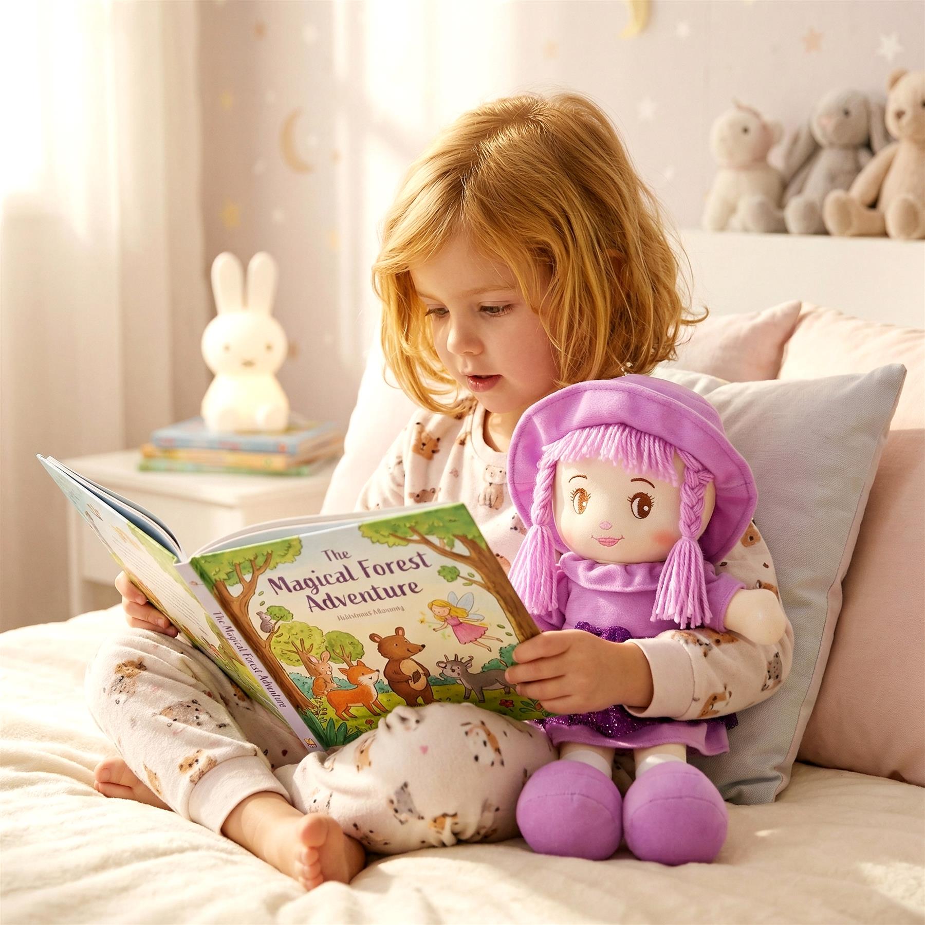 Blonde girl reads a storybook while sitting beside the purple BiBi doll.