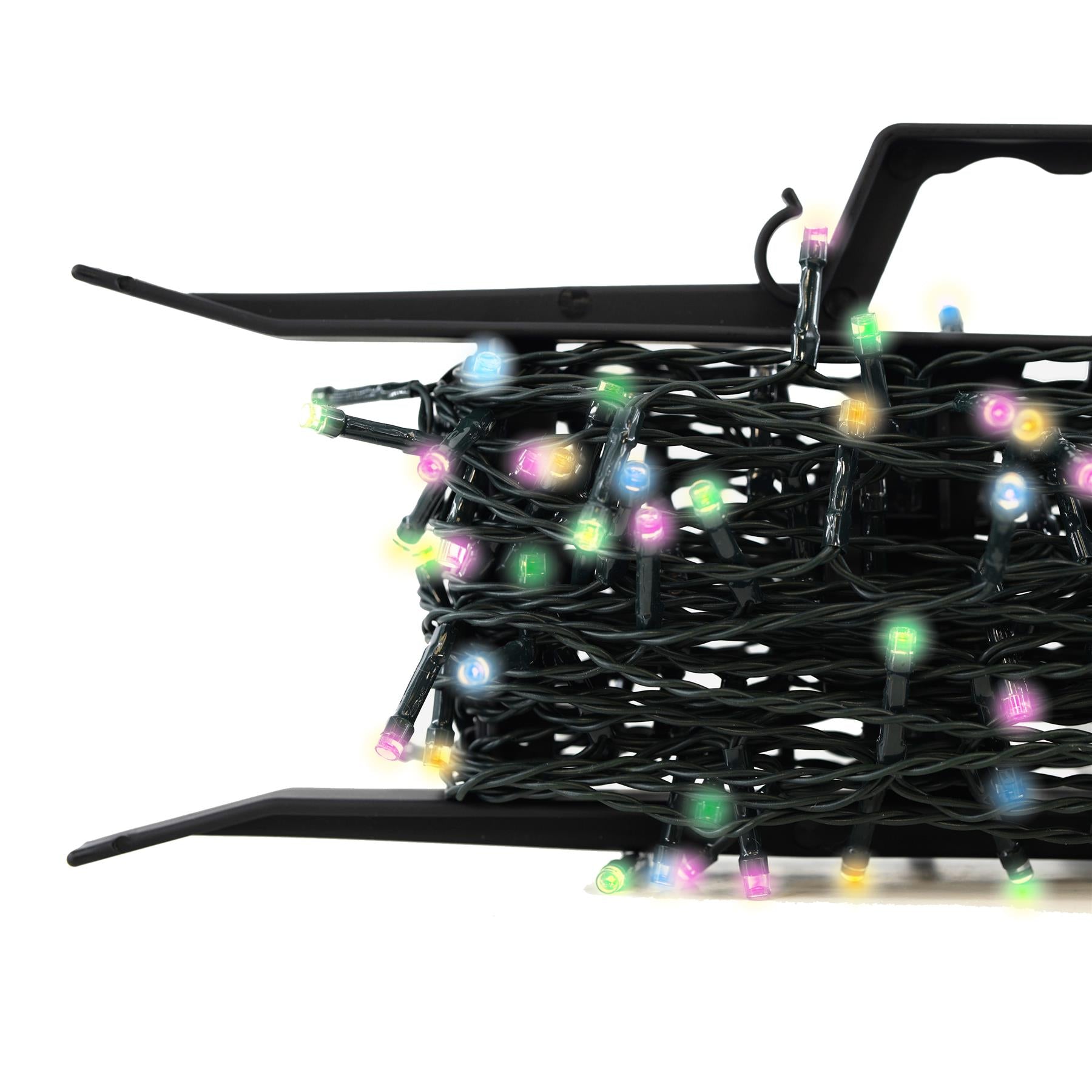 A black, wire-wound, multi-color string of fairy lights, coiled around a black metal frame, with a handle on top. - The Magic Toy Shop