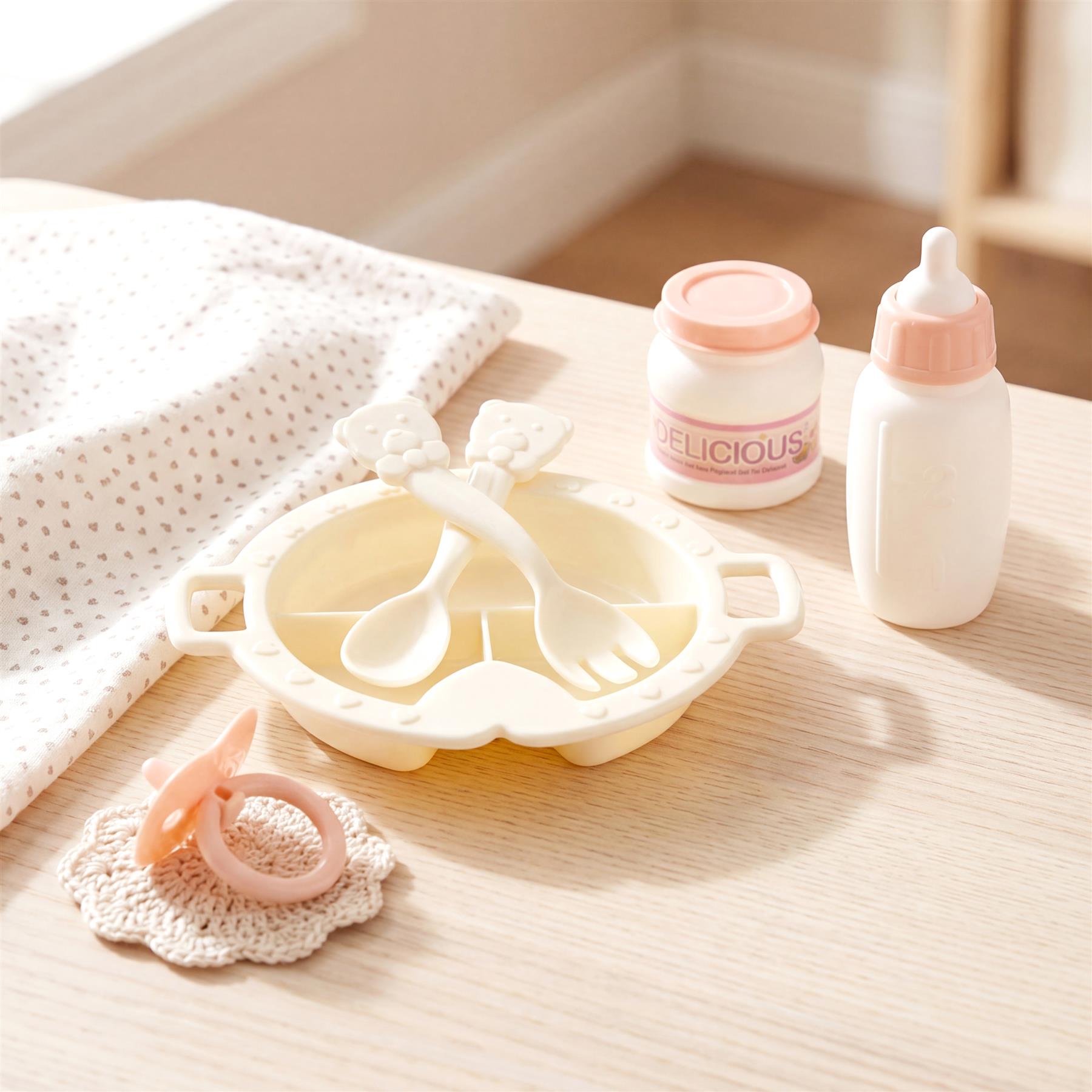 Toy feeding accessories set including a chair, spoons, bottle, container, and pacifier.