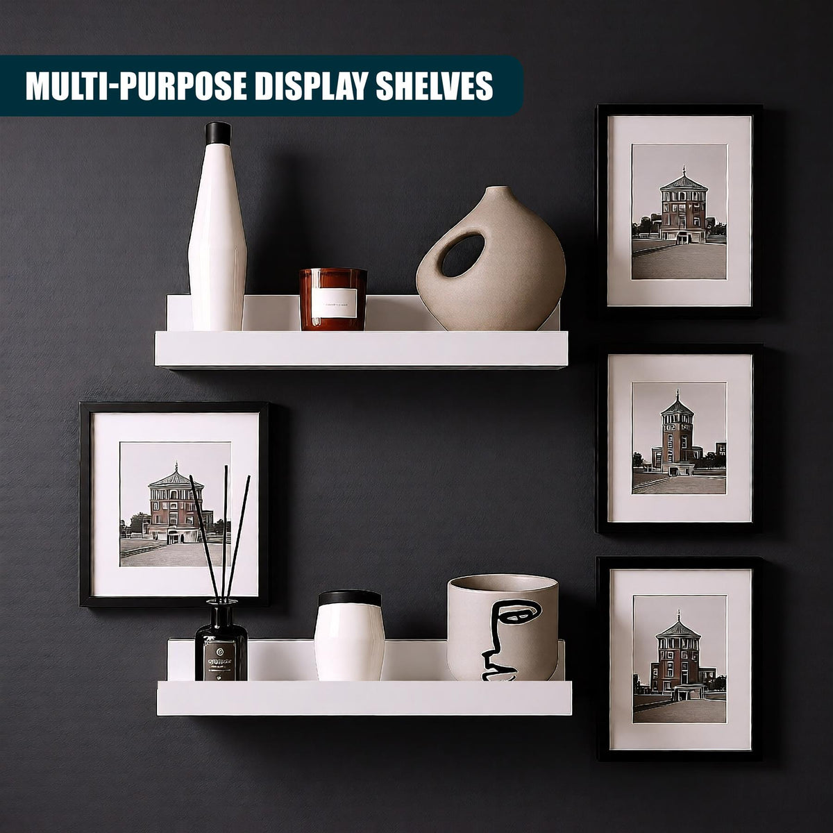 GEEZY white floating shelves display décor and books on a dark grey wall