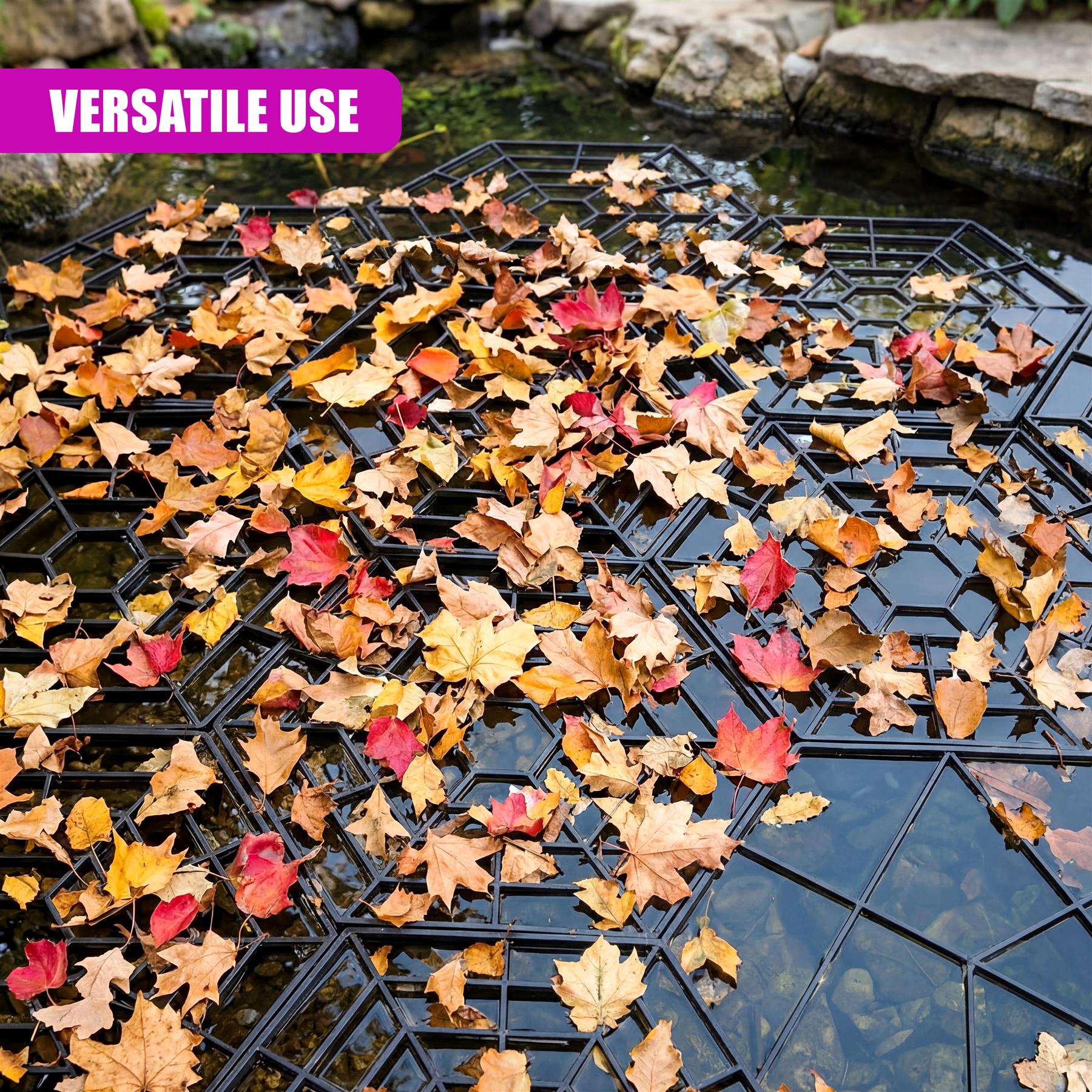 A black hexagonal grate floats on dark water, partially covered with fallen autumn leaves.