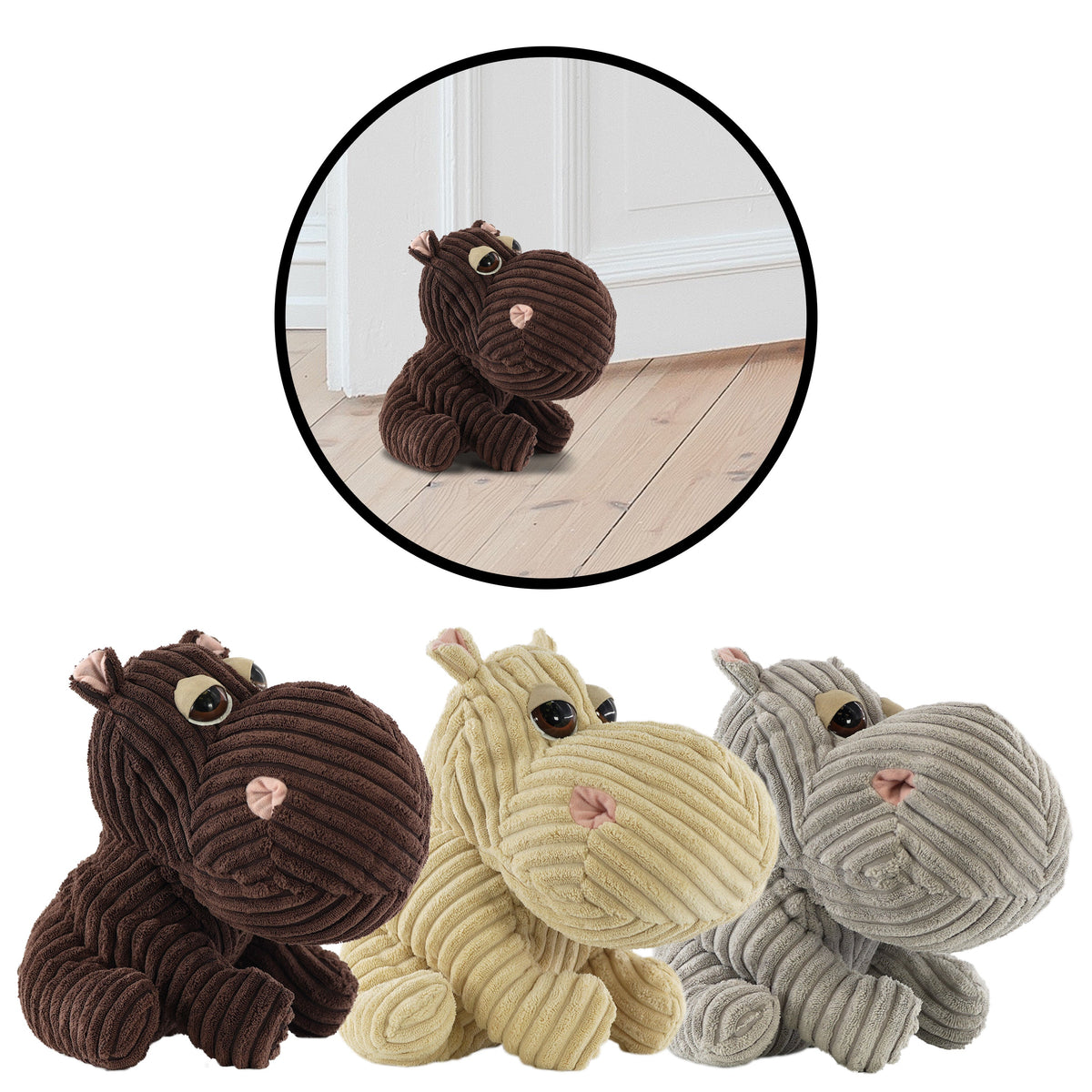 Brown ribbed hippo doorstop sits on a wooden floor, alongside a smaller image of similar doorstops