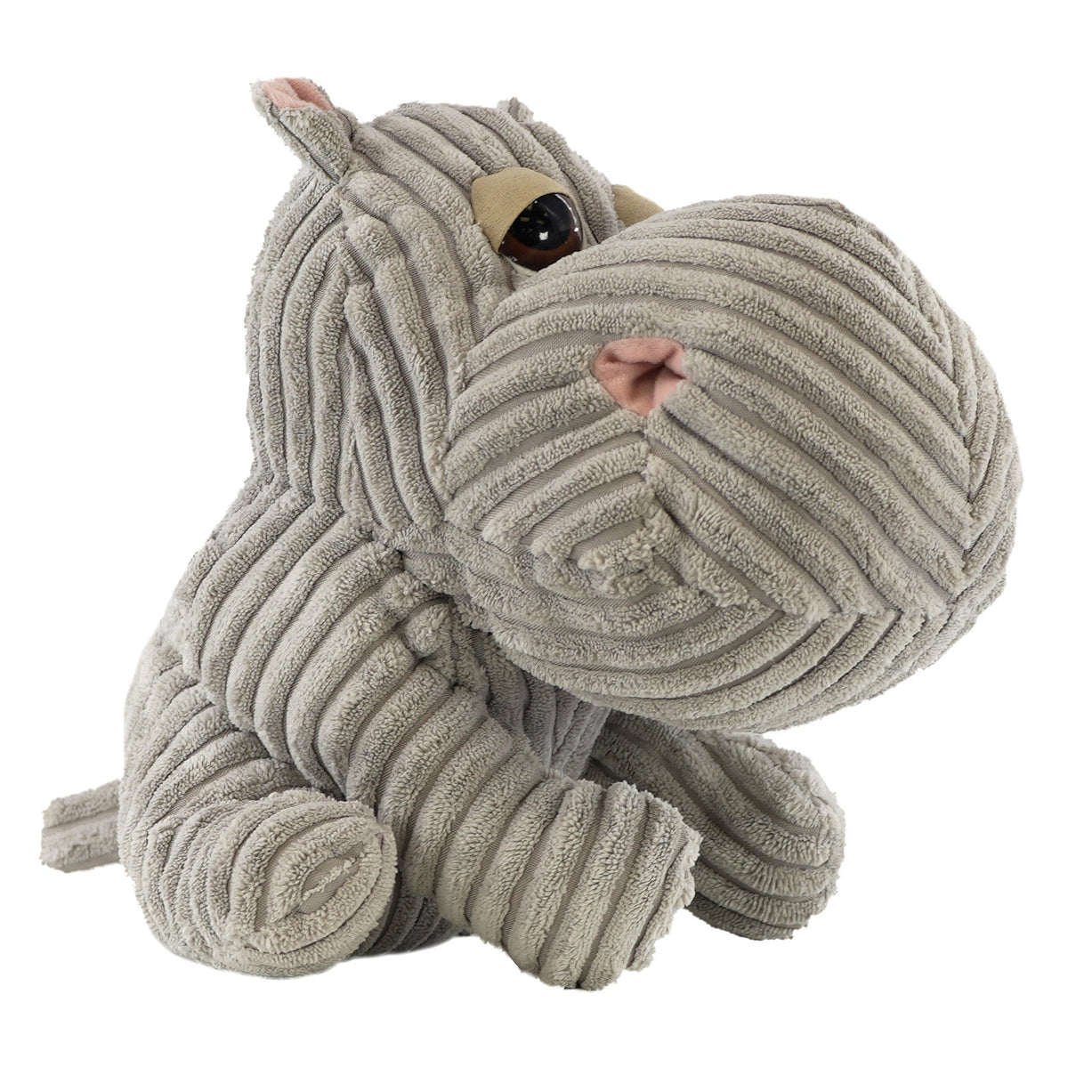 Ribbed grey hippo doorstop sits on a white background, a cute novelty product