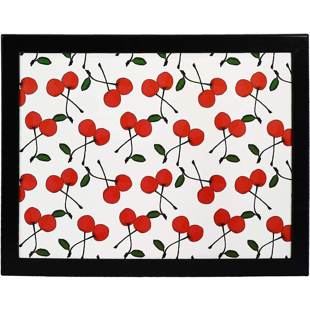 Framed print displaying a dense, repeating pattern of bright red cherries, dark stems, and green leaves.