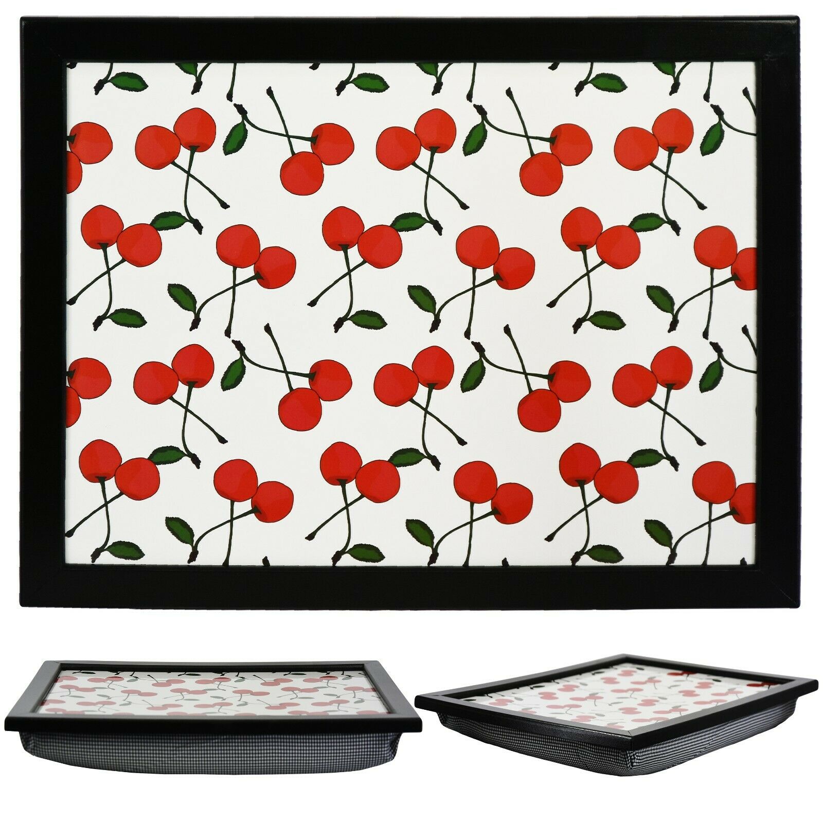 Framed art featuring a repeating pattern of red cherries and green leafy stems on a white background.