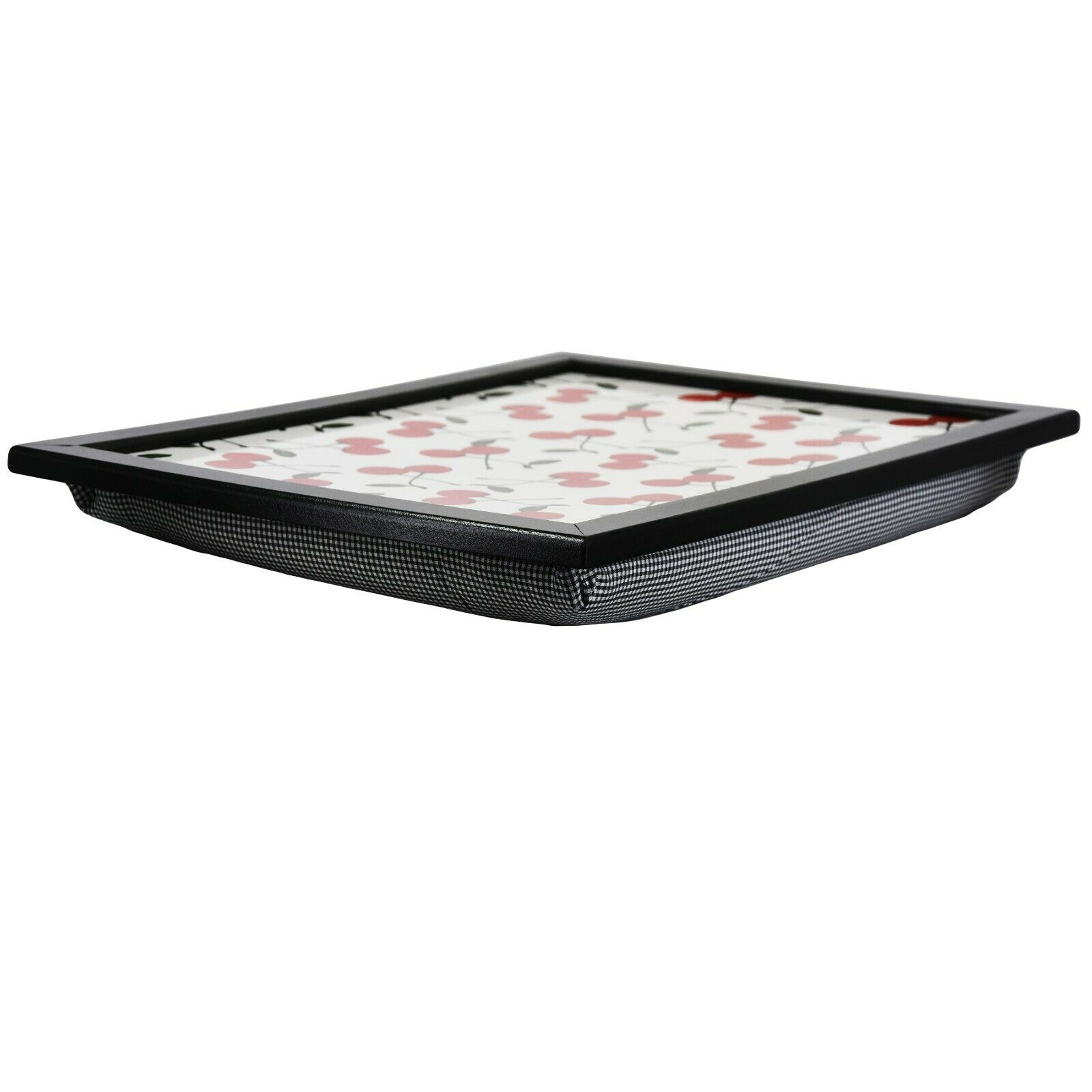 Rectangular lap tray featuring padded black edges and a white inner surface with a faint pattern.