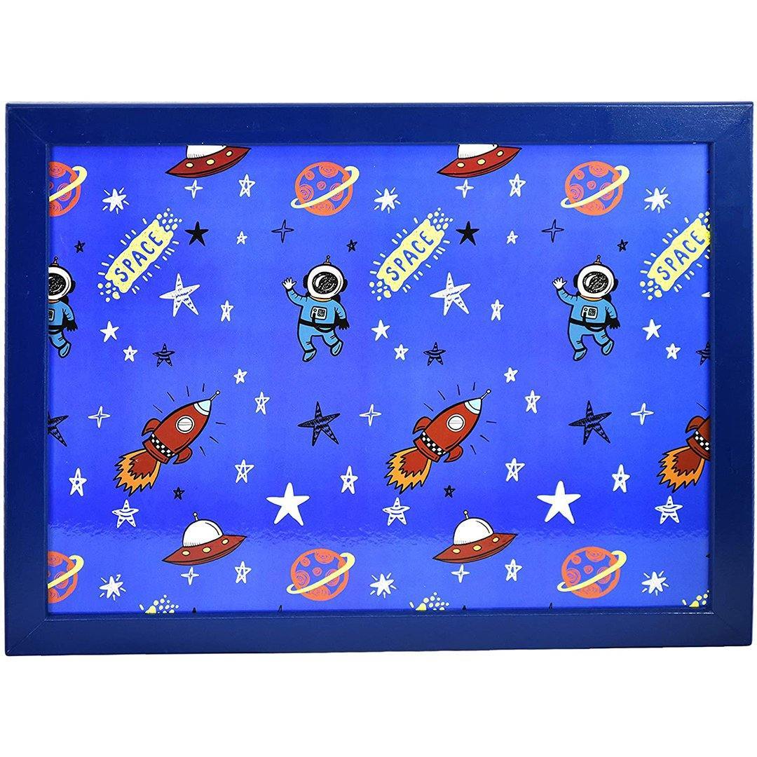 A blue lap tray with a space design featuring an astronaut and rocket on a starry background, accompanied by stars, planets and other cosmic details in a matching pillow form. - The Magic Toy Shop