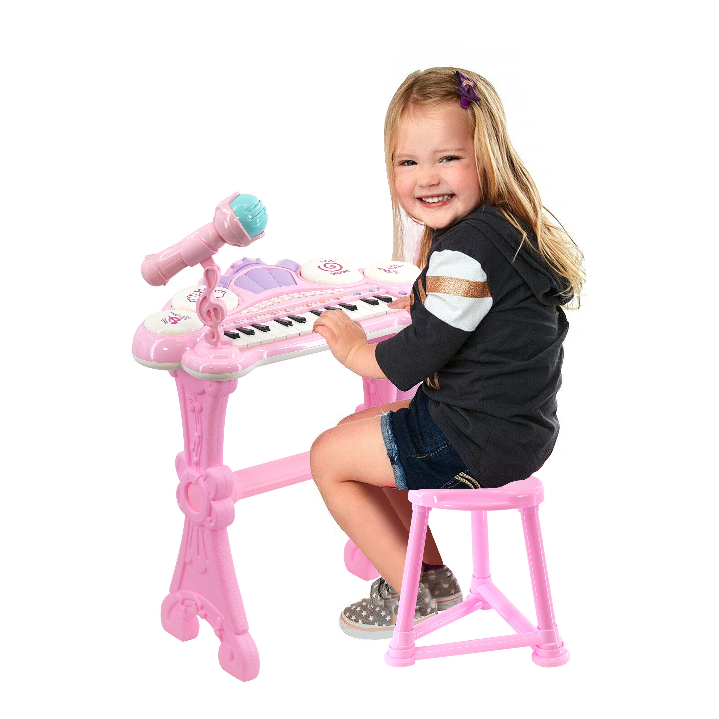 Pink Piano Toy with Microphone and Stool