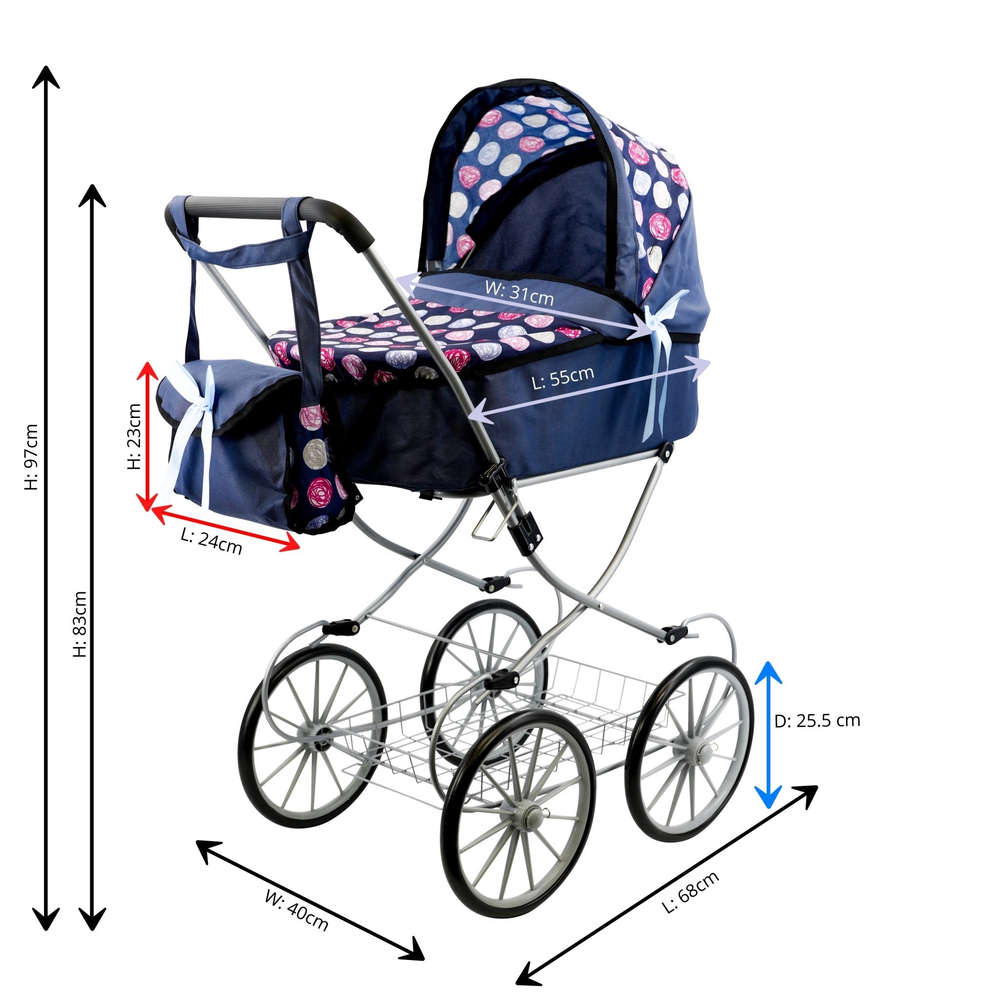 Navy Blue Dolls Vintage Cambridge Pram by The Magic Toy Shop - The Magic Toy Shop