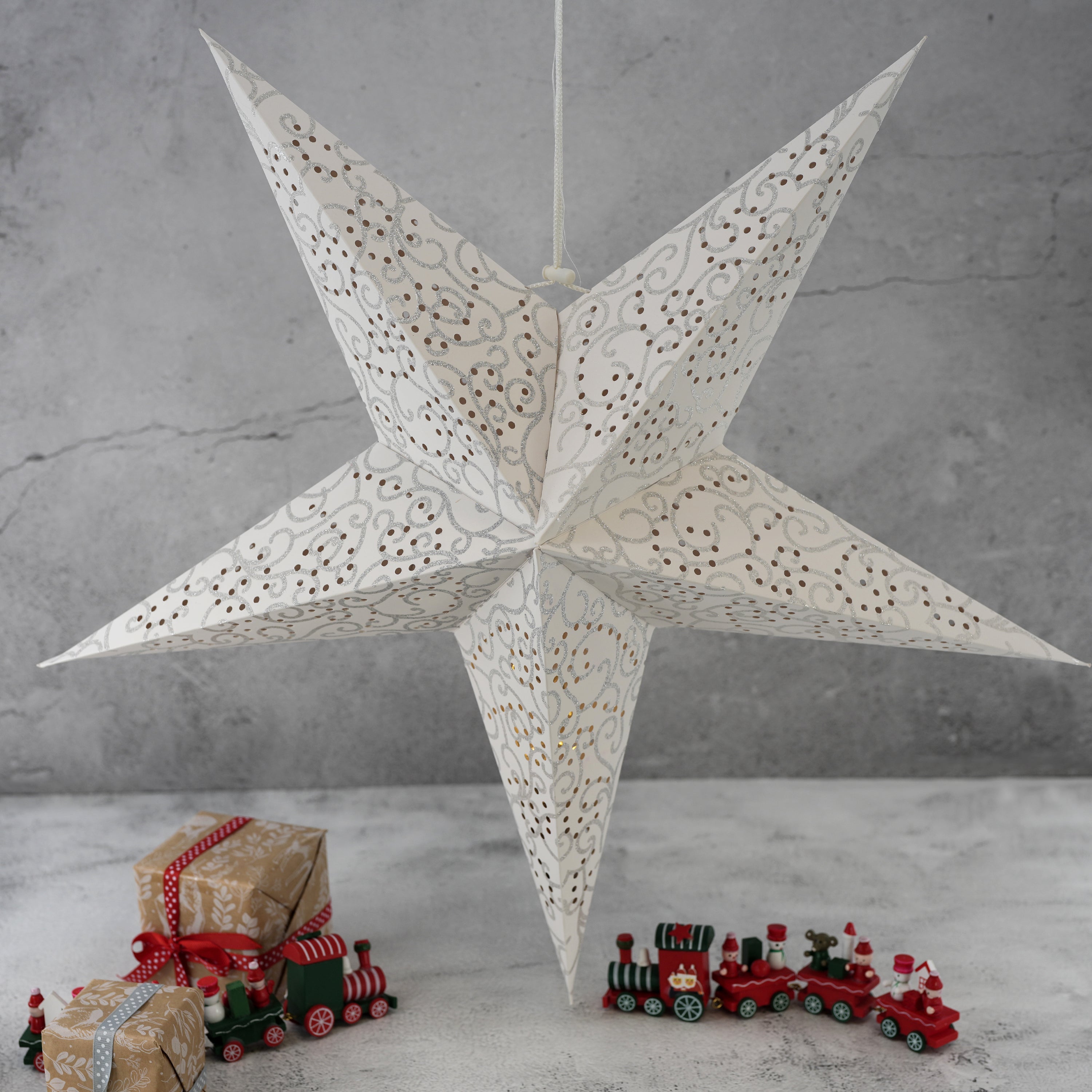 60 cm LED White Glitter Hanging Paper Star by Geezy - The Magic Toy Shop