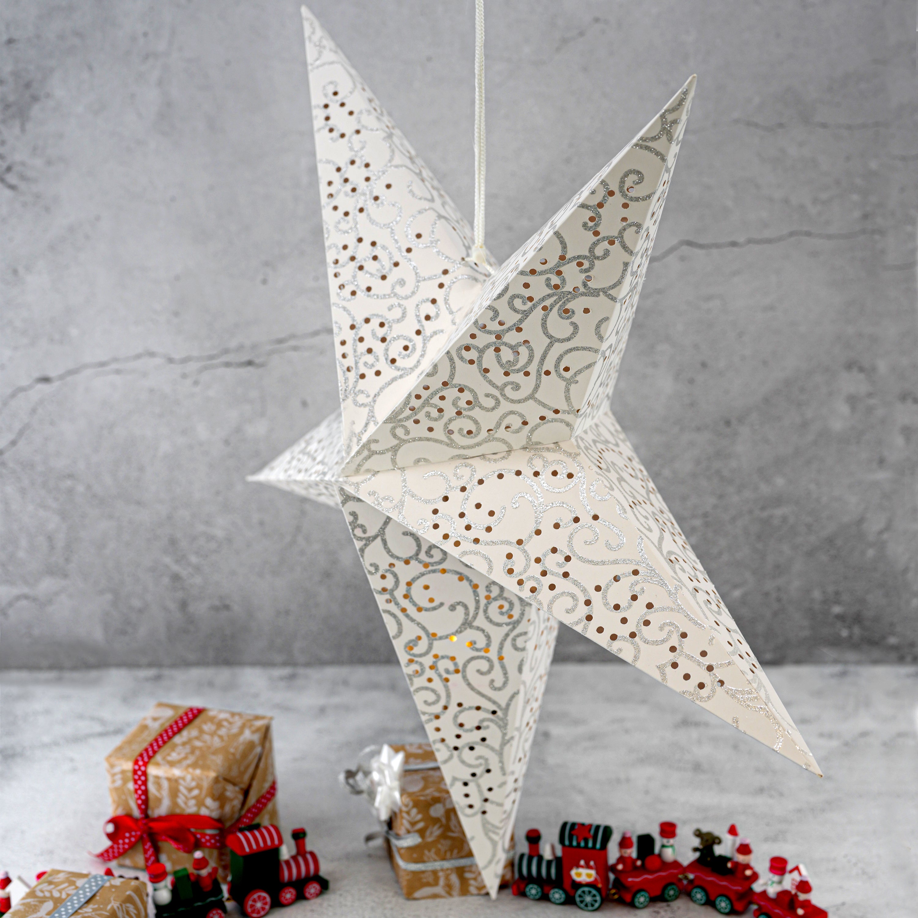 60 cm LED White Glitter Hanging Paper Star by Geezy - The Magic Toy Shop