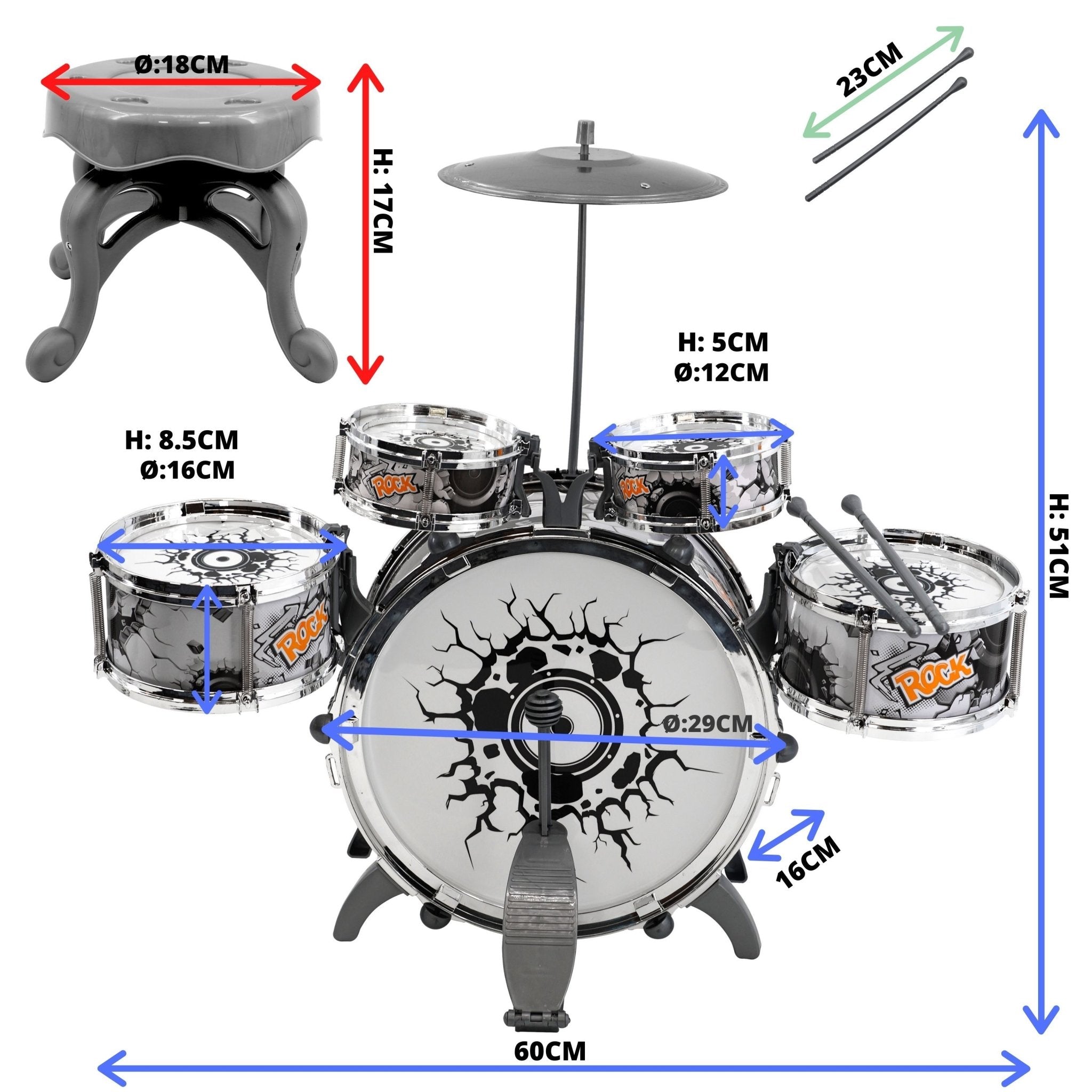 Kids Black and White Drum Kit Play Set by The Magic Toy Shop - The Magic Toy Shop