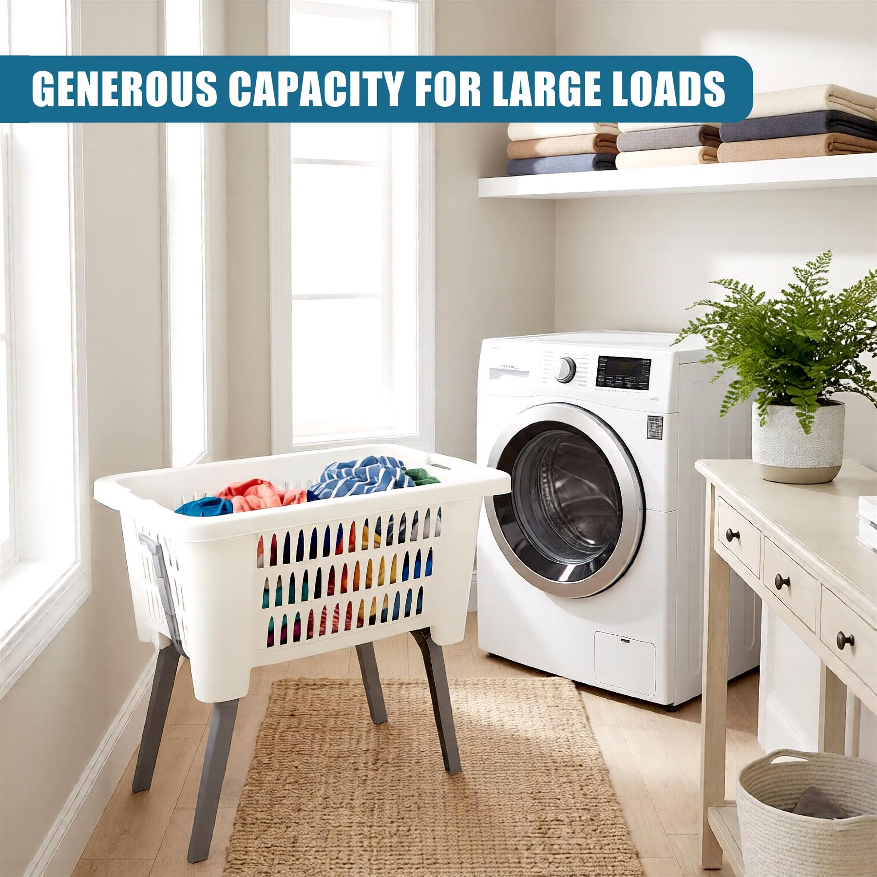 White laundry basket holds clothes and features sloped, foldable metal legs.